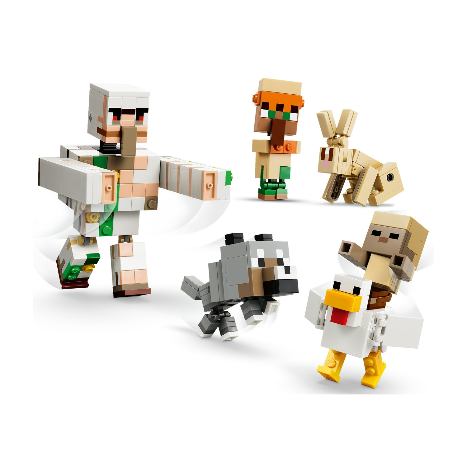 Figure Lego Minecraft: golem di ferro, abitante del villaggio, coniglio, lupo e pollo.