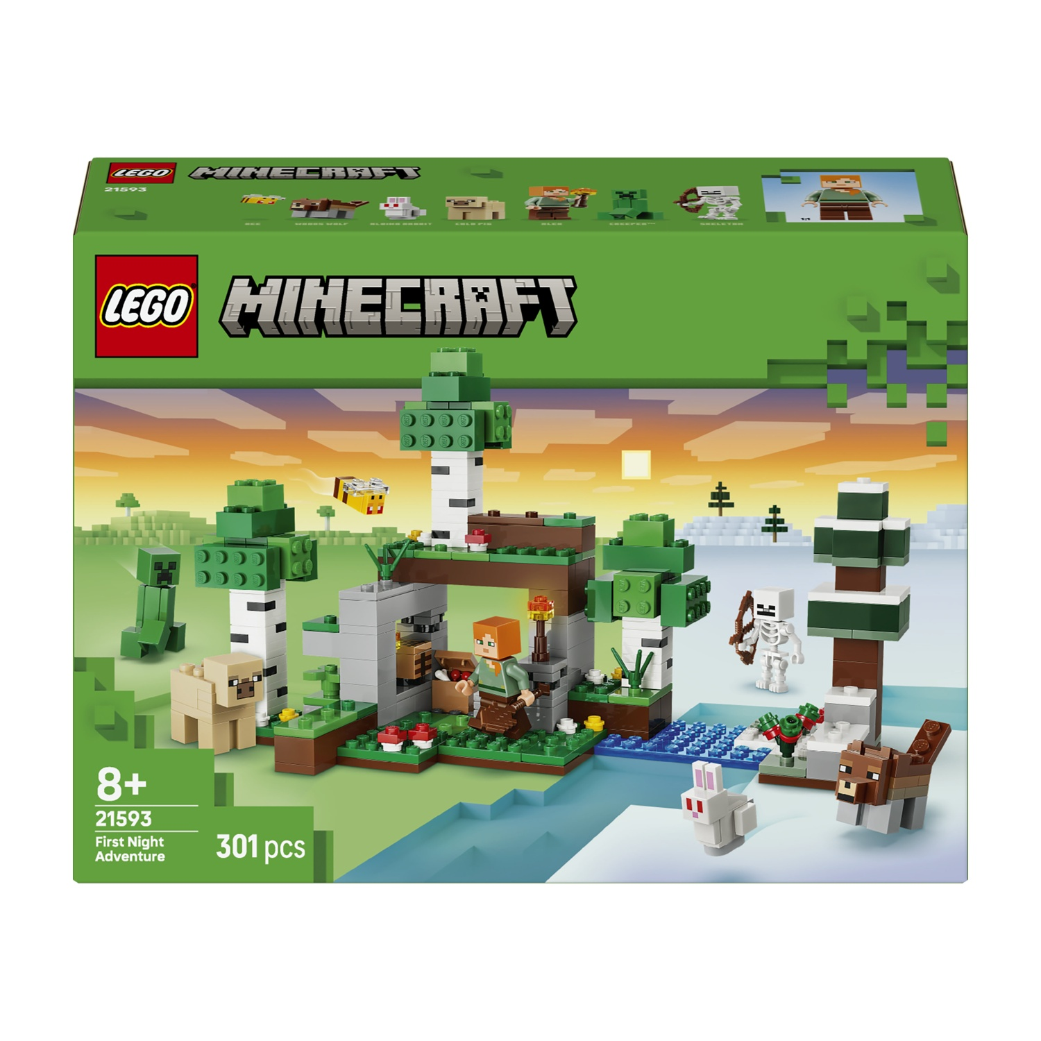 Set Lego Minecraft con Alex, scheletro, ape, pecora, coniglio, lupo e creeper.