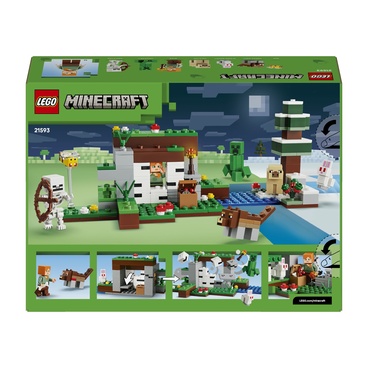 Set Lego Minecraft con scheletro, Creeper, pecora, coniglio, orso e casa.