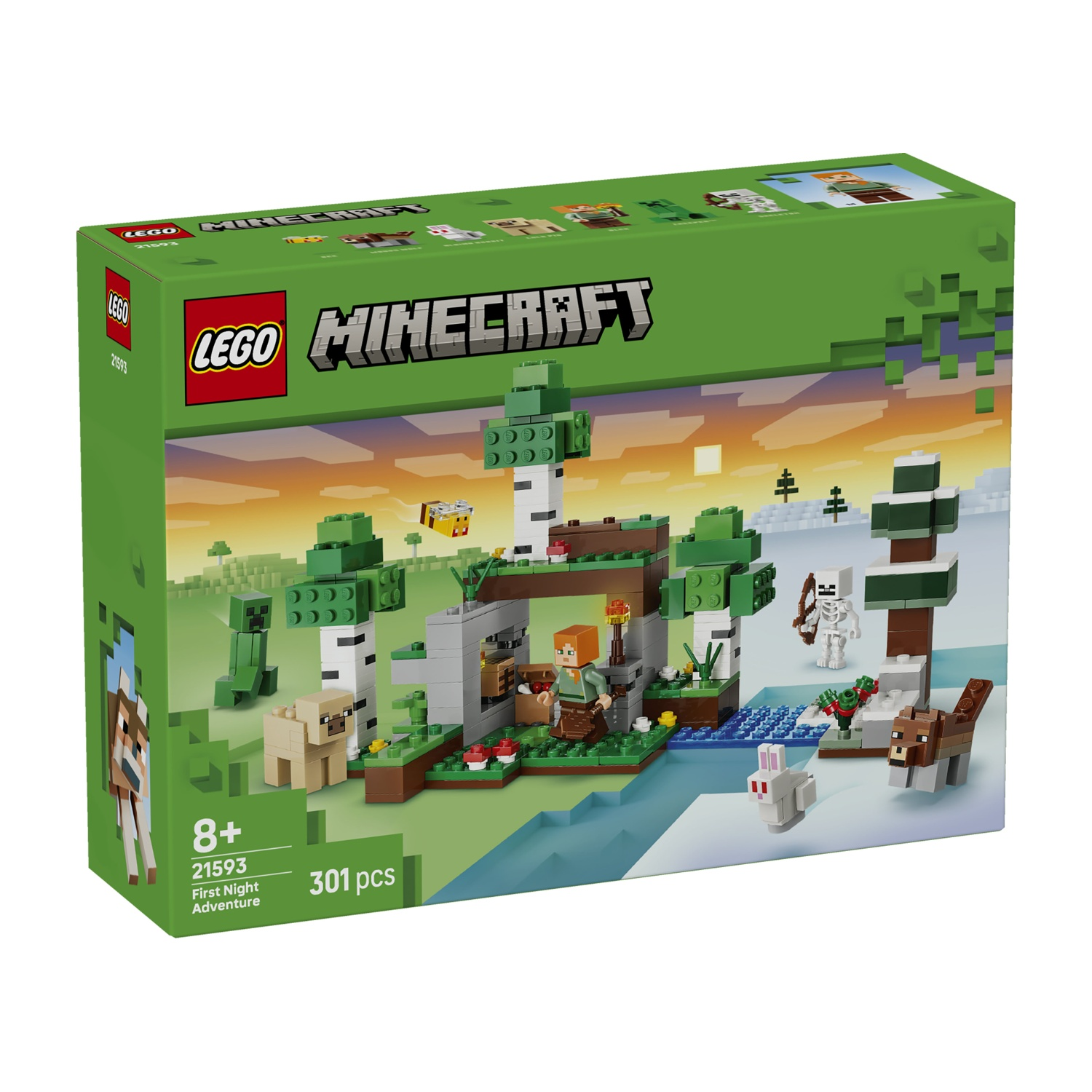 Scatola LEGO Minecraft con Alex, scheletro, pecora, coniglio, cane e creeper.