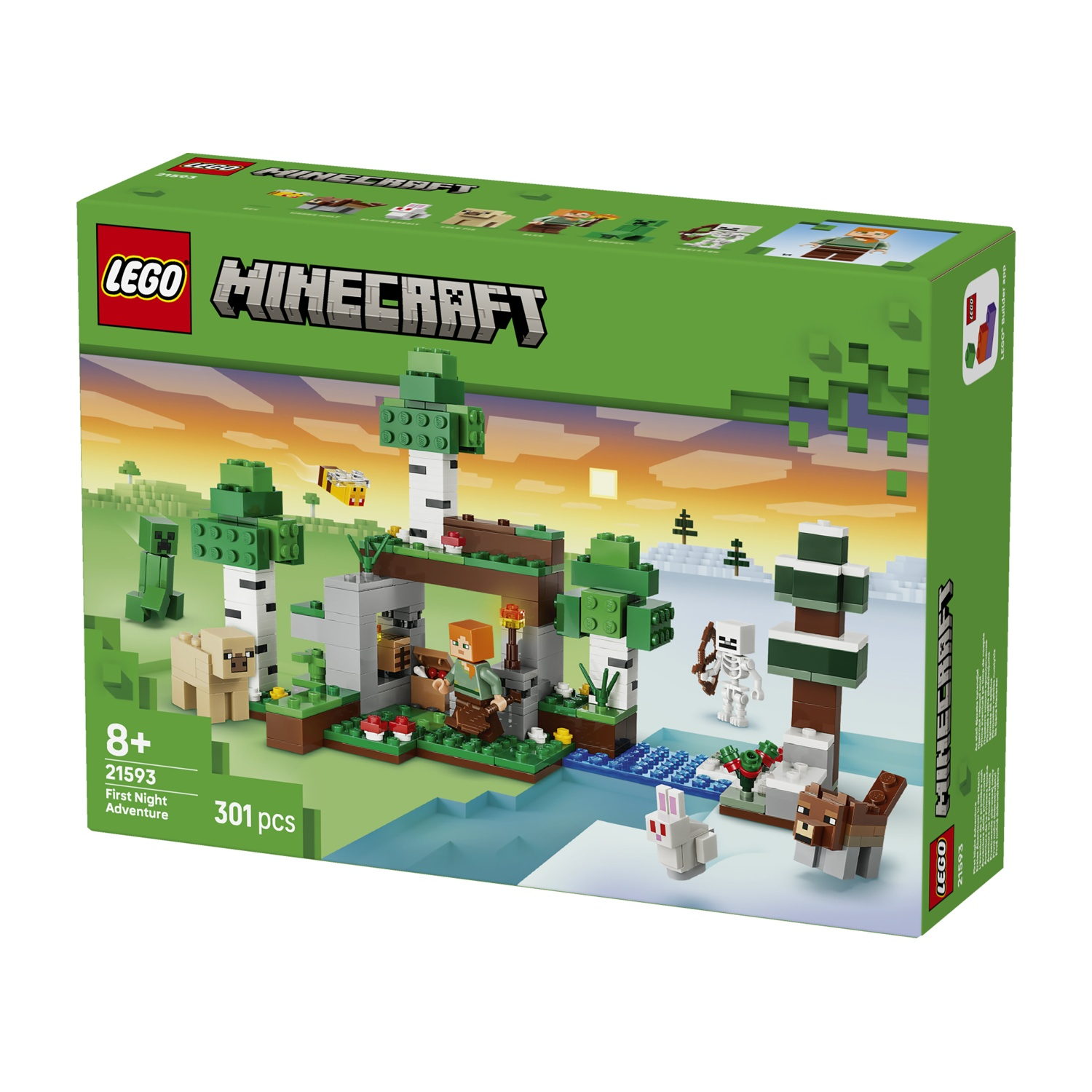 Set LEGO Minecraft con figure di Alex, scheletro, pecora, coniglio e cane.