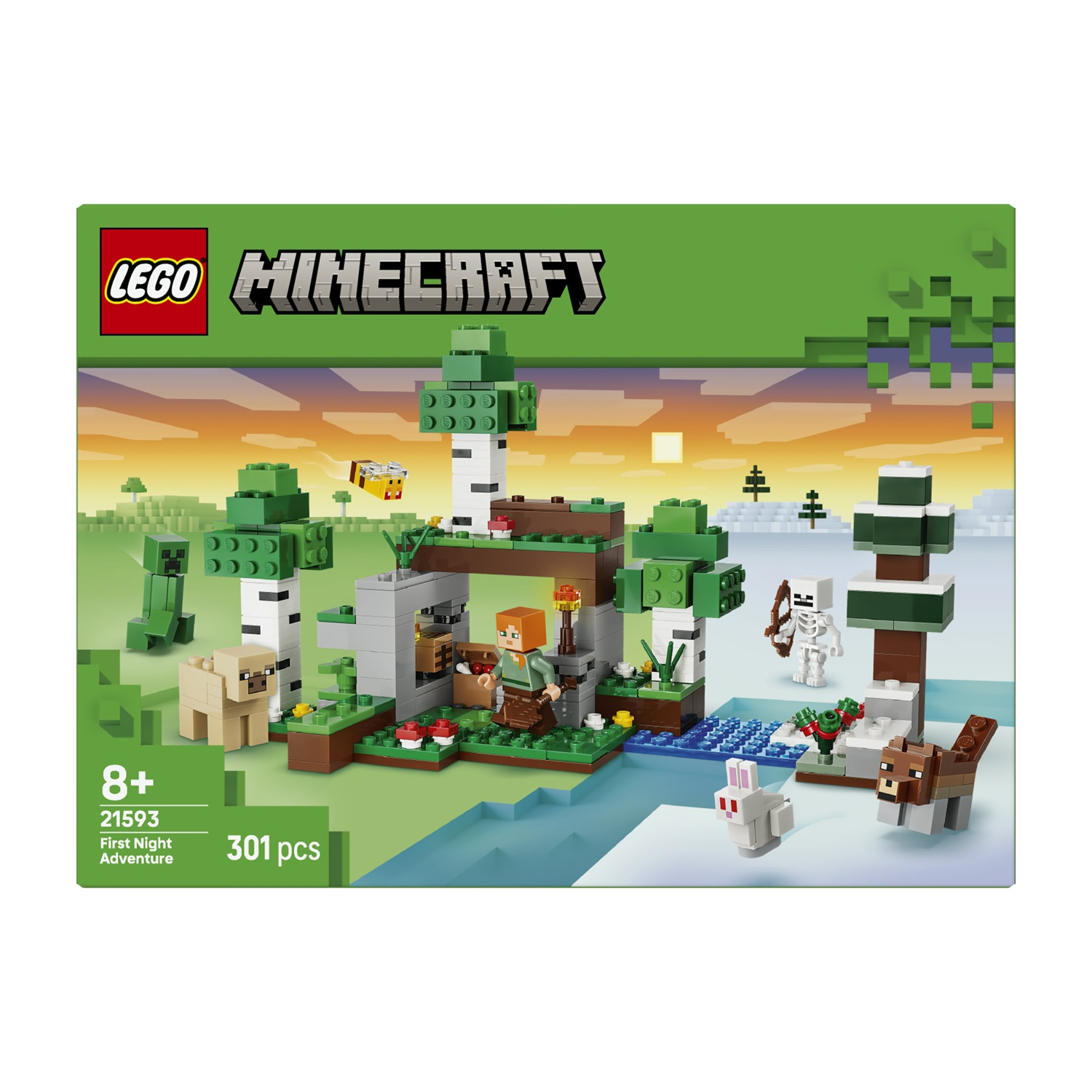 Set Lego Minecraft con figure tra cui Alex, uno scheletro, pecora, ape, coniglio e cane.
