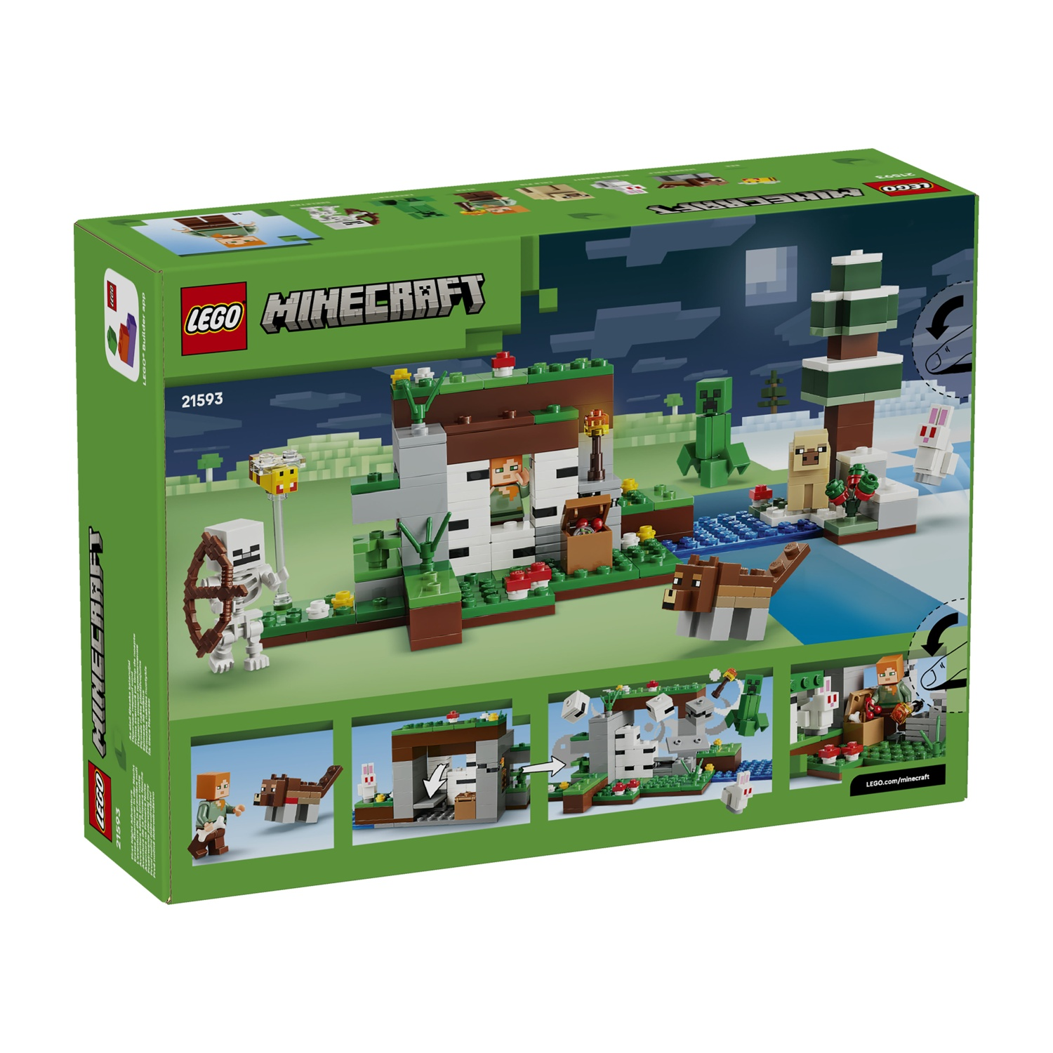 Scatola Lego Minecraft con figure, animali e un paesaggio innevato con casa.