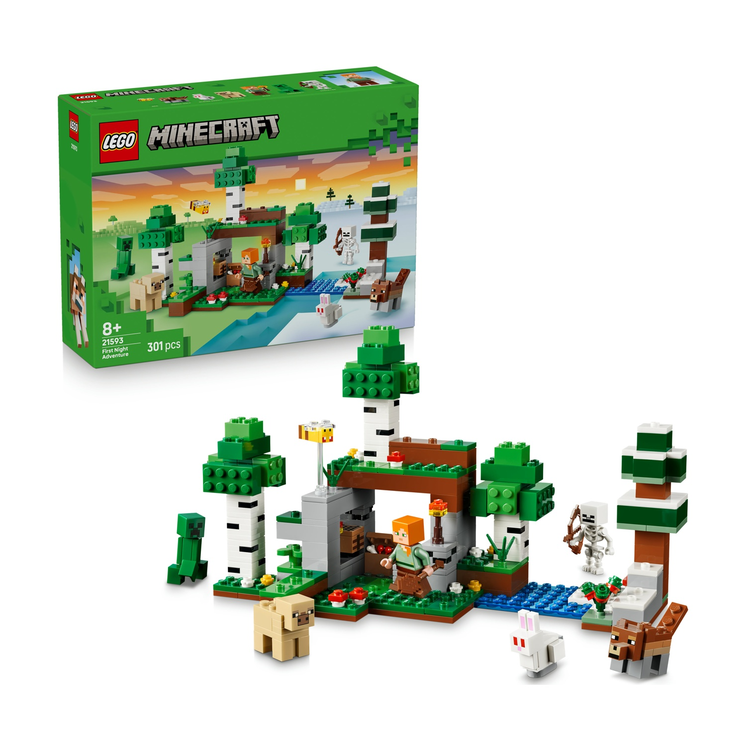 Set LEGO Minecraft con figure, animali ed elementi paesaggistici.