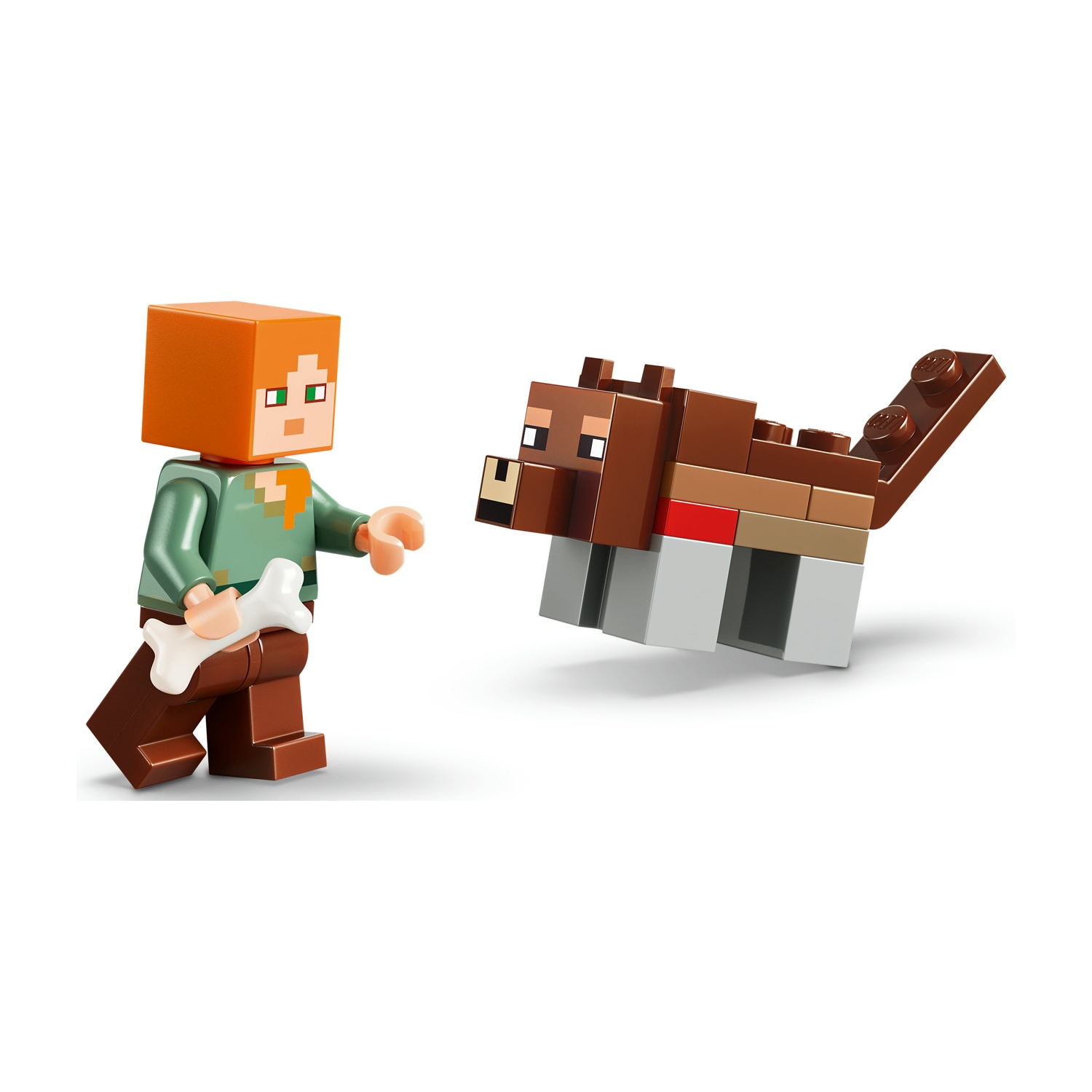 Un personaggio di Minecraft con capelli arancioni tiene un osso, guardando un cane marrone.
