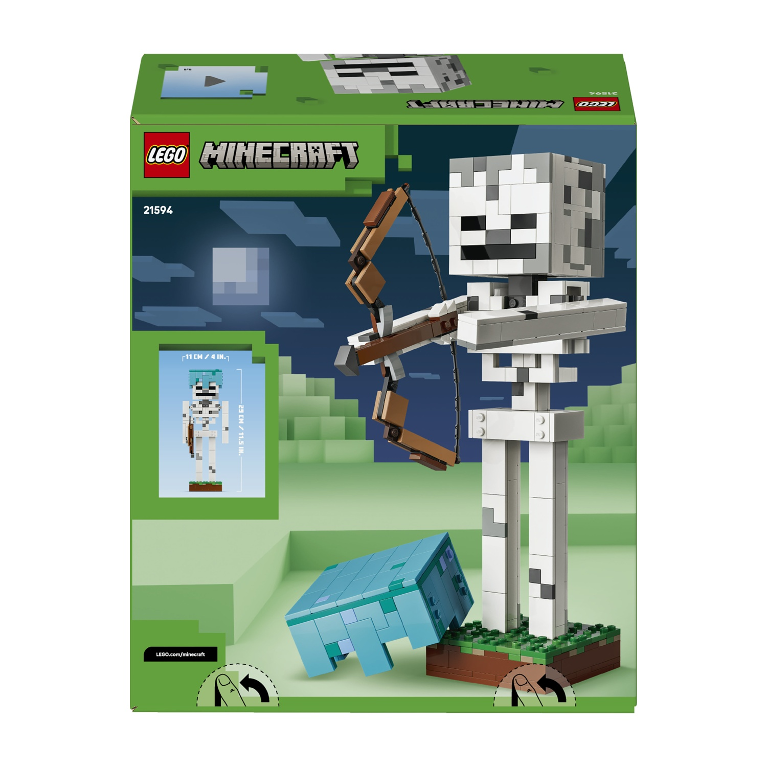 Uno scheletro LEGO Minecraft con arco e un axolotl su un paesaggio erboso.