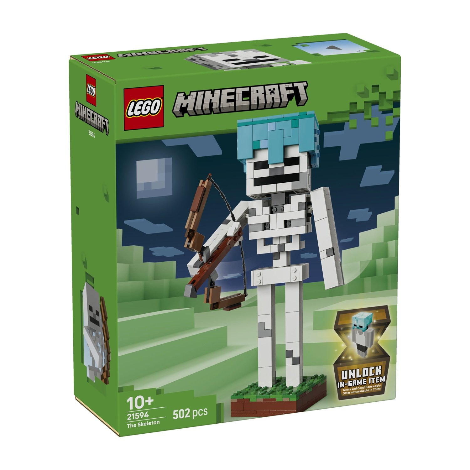 Set LEGO Minecraft "Lo Scheletro" con 502 pezzi, mostra uno scheletro con un arco.