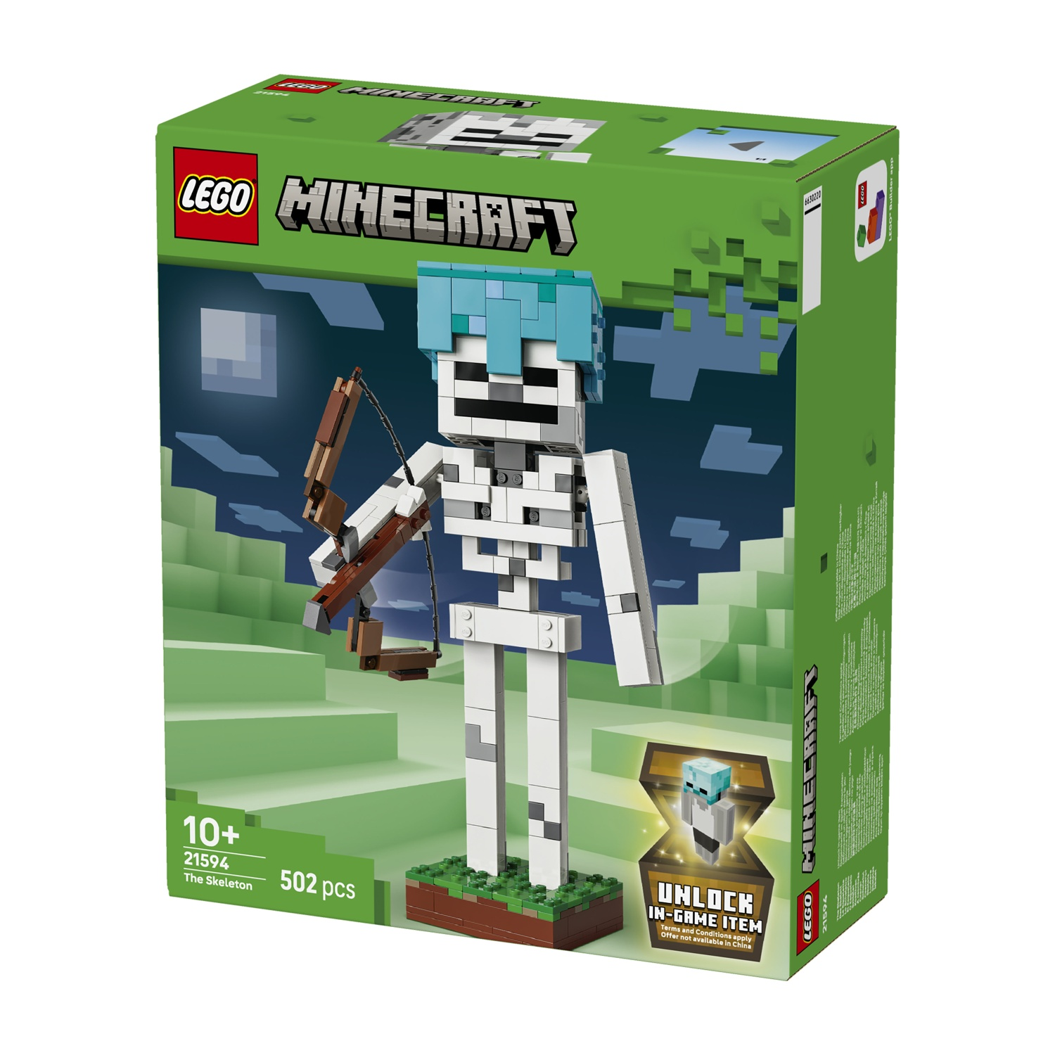 Set LEGO Minecraft con figura di scheletro e arco. 10+, 502 pezzi.
