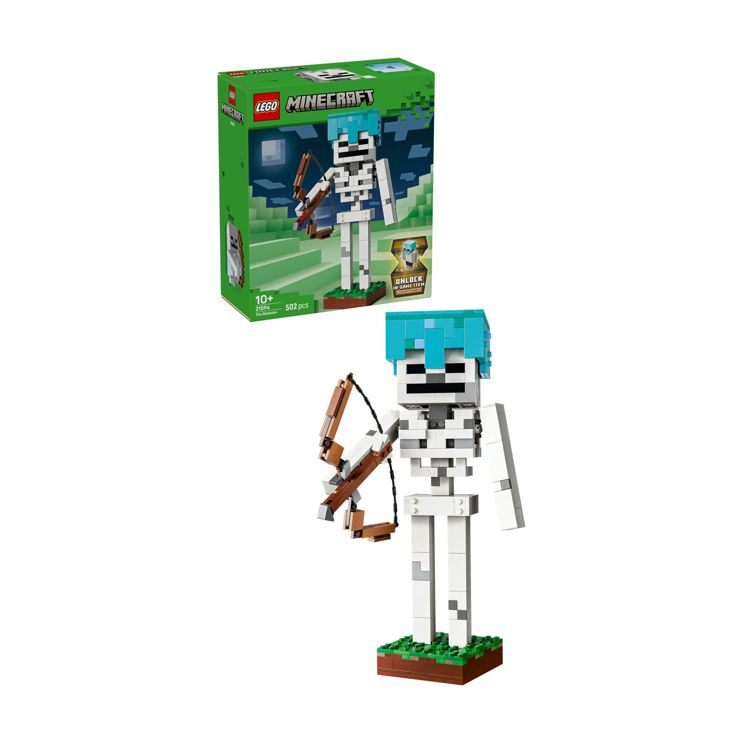 Uno scheletro Lego con capelli blu e arco si trova su base verde accanto alla confezione.