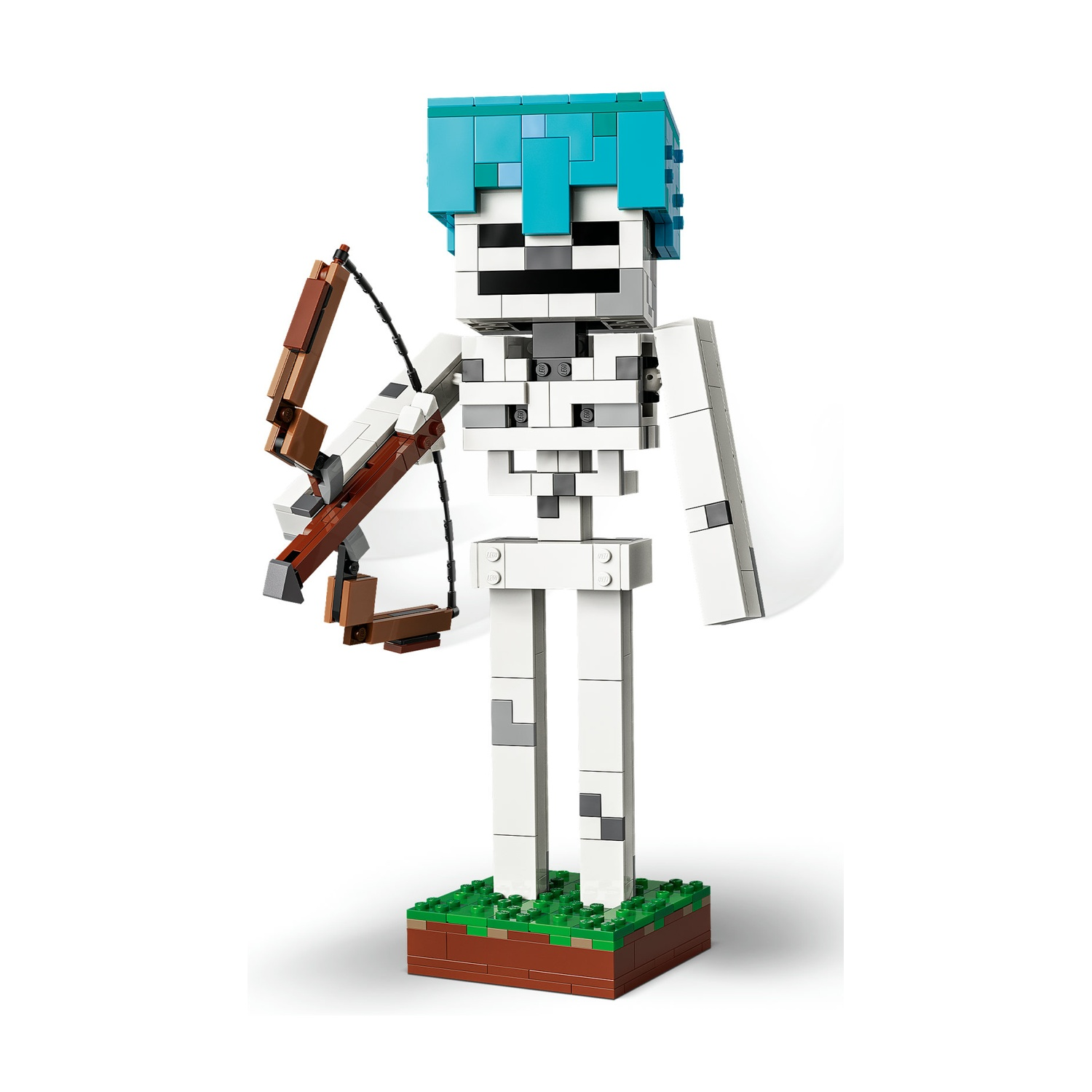 Figura scheletro Lego con capelli blu, tiene un arco e freccia marrone e bianco.
