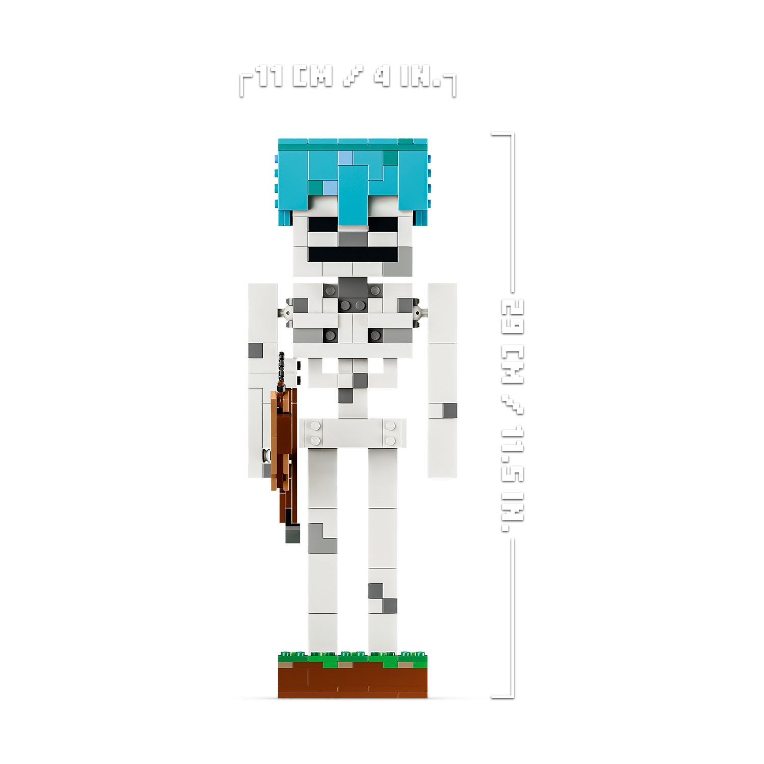 Modello di scheletro Minecraft fatto di mattoncini Lego, con capelli blu e arco e frecce.
