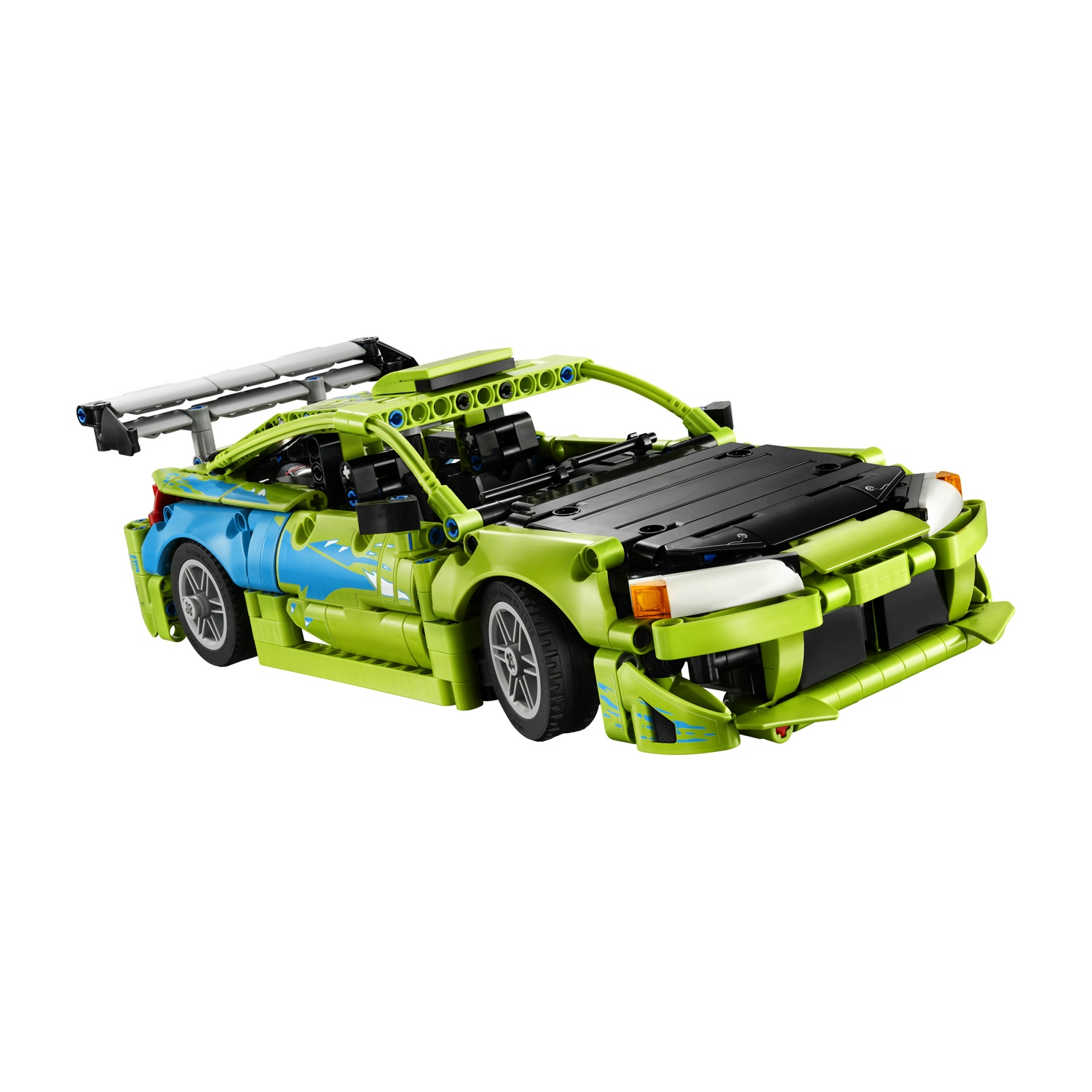 Un'auto Lego Technic verde brillante con decalcomanie a fiamma blu e spoiler posteriore.