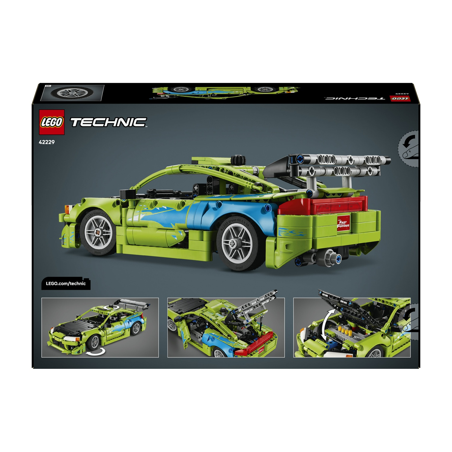 Una macchina sportiva Lego Technic verde con decalcomanie blu e spoiler posteriore.