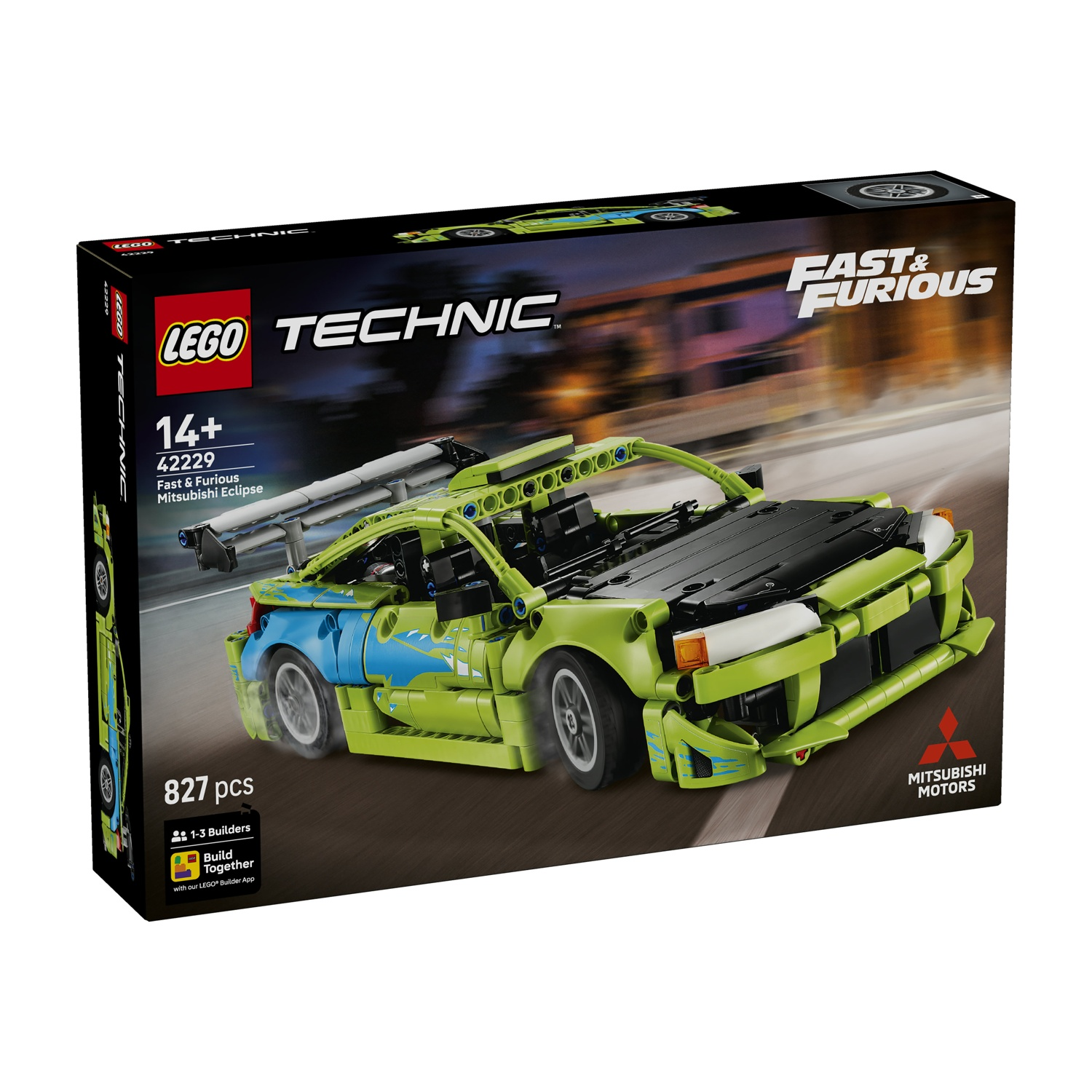 Scatola LEGO Technic Fast & Furious Mitsubishi Eclipse con un'auto verde.
