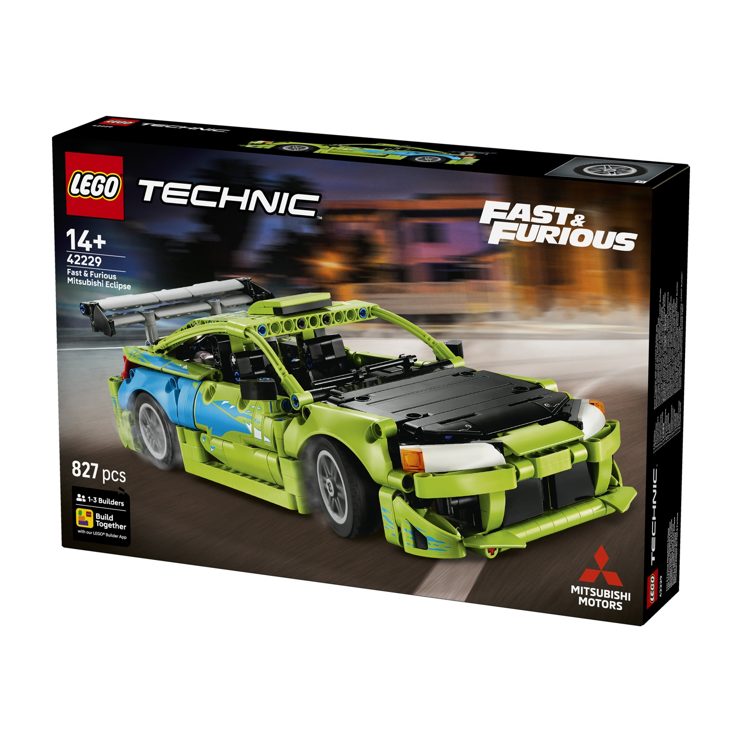 Scatola del kit LEGO Technic Fast & Furious Mitsubishi Eclipse con auto verde.