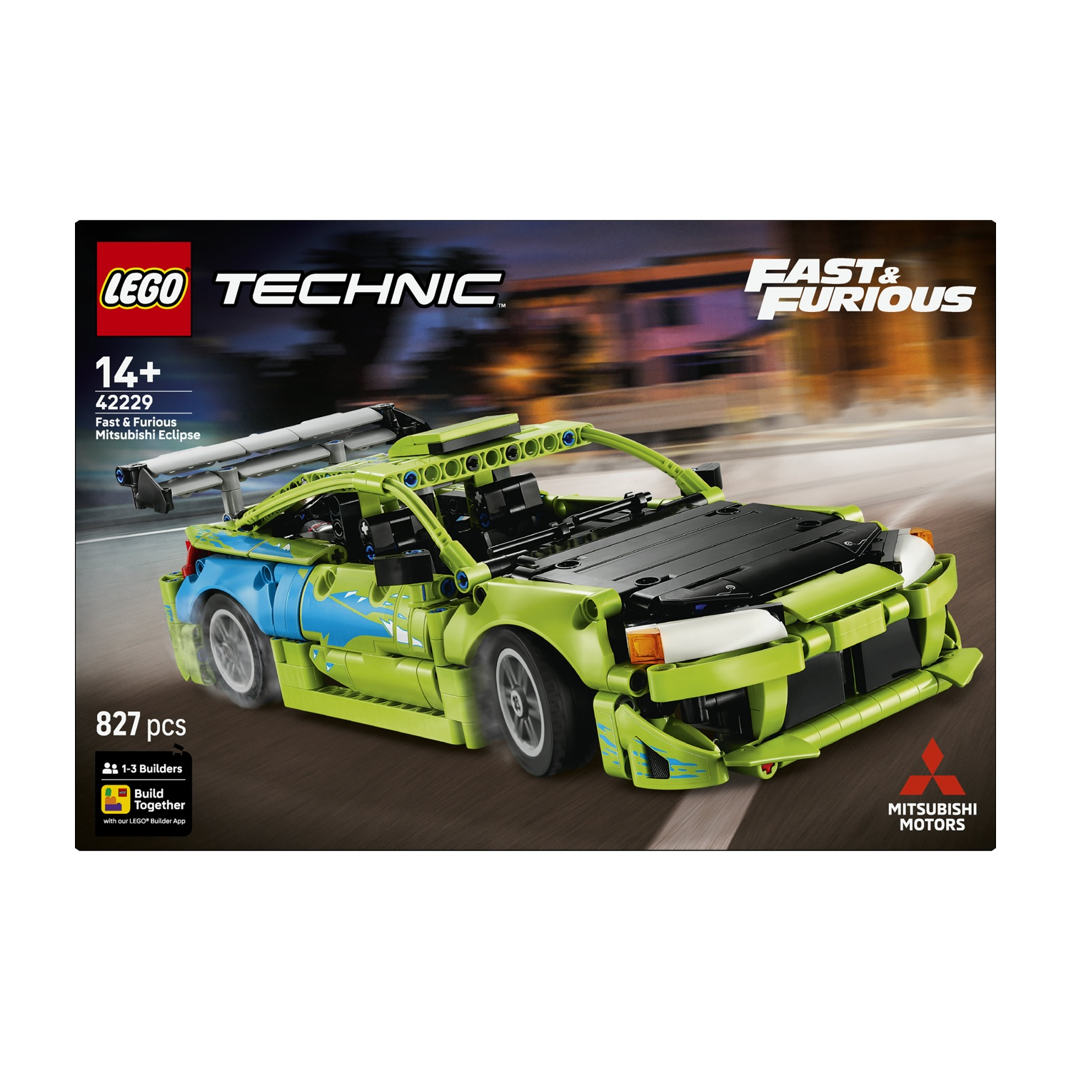 Mitsubishi Eclipse Lego Technic verde con logo Fast & Furious, 827 pezzi.
