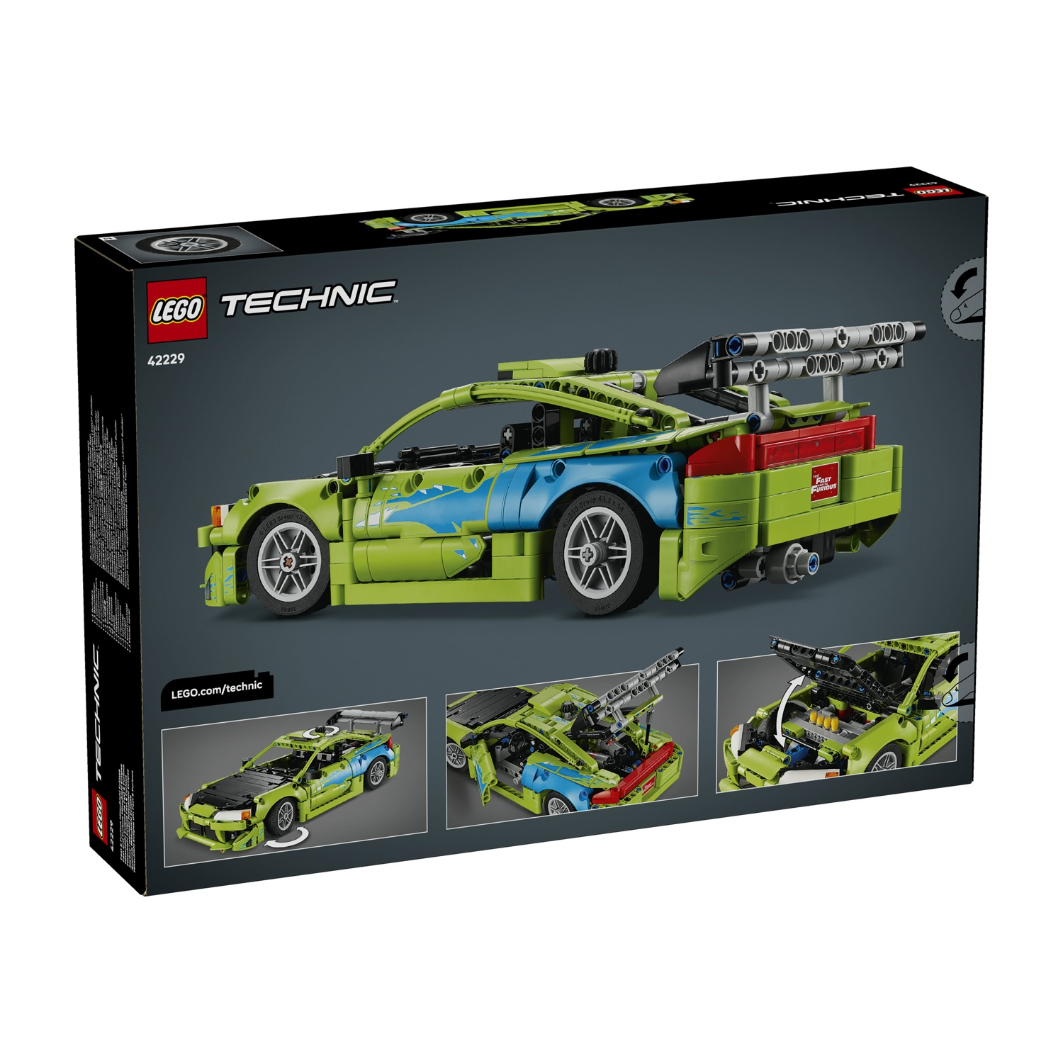 Una macchina da corsa LEGO Technic verde con adesivi di fiamme blu e razzi posteriori.