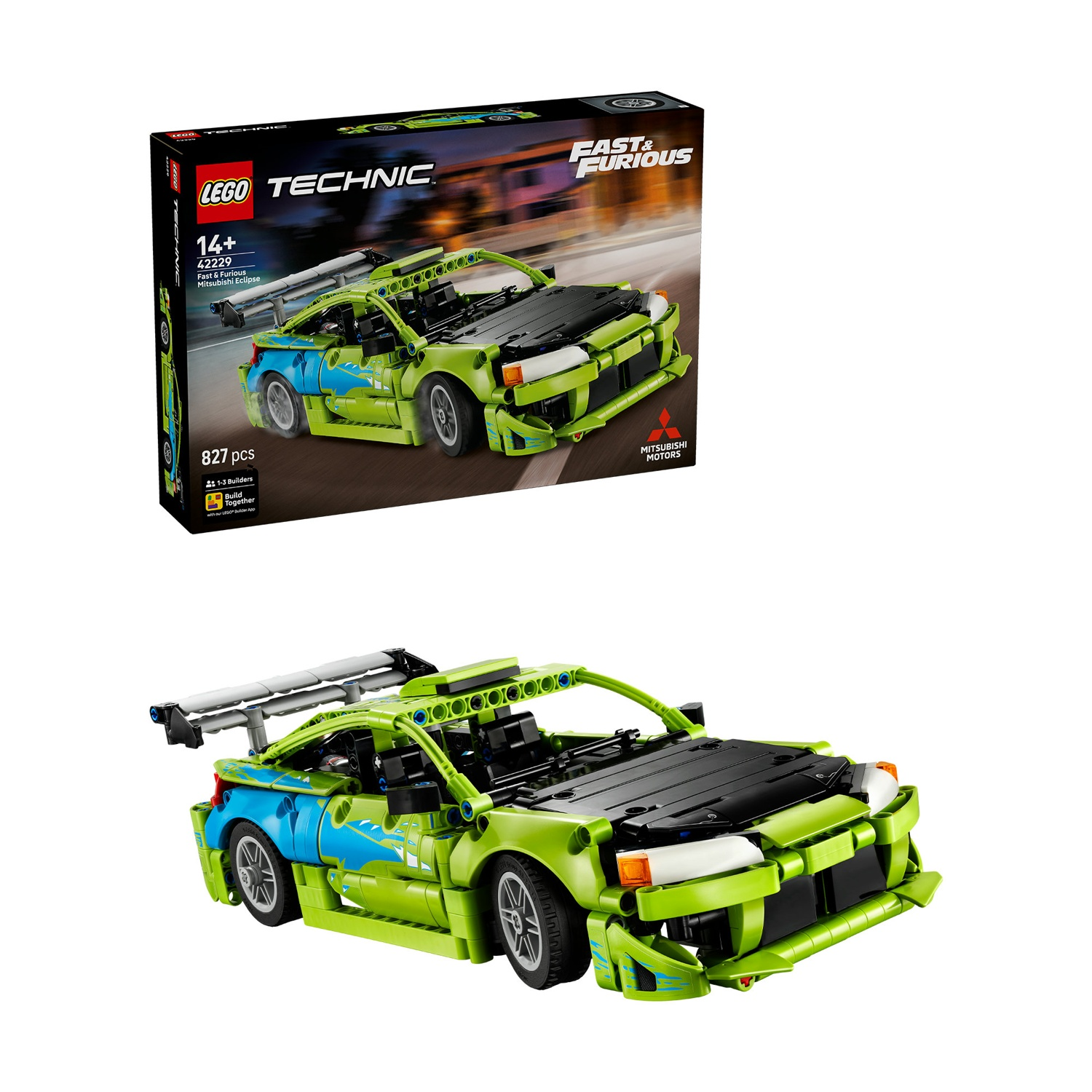 Una Lego Technic Mitsubishi Eclipse verde con decalcomanie blu e grande spoiler.