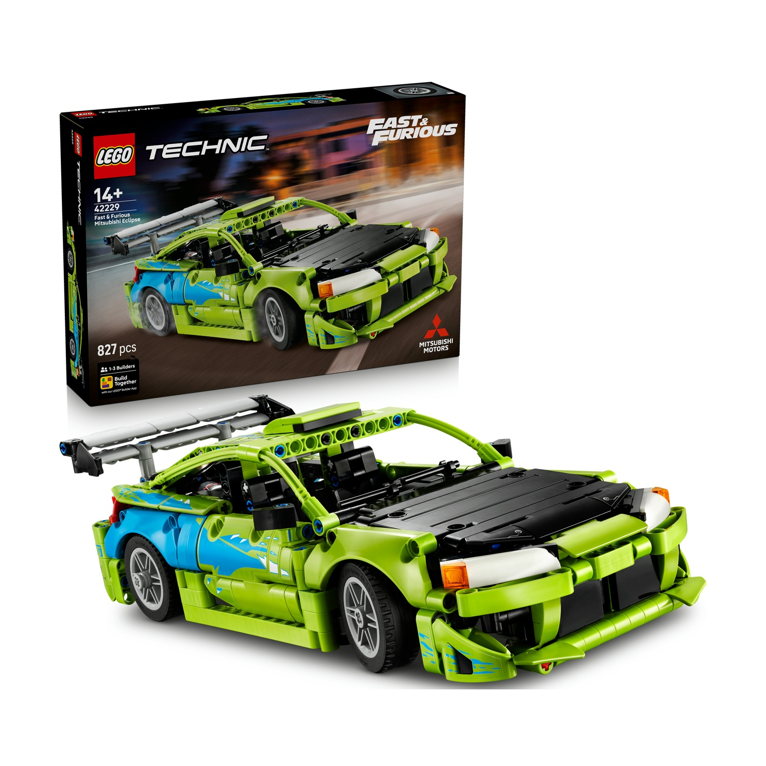 Lego Technic Mitsubishi Eclipse verde con spoiler da corsa e decalcomanie.