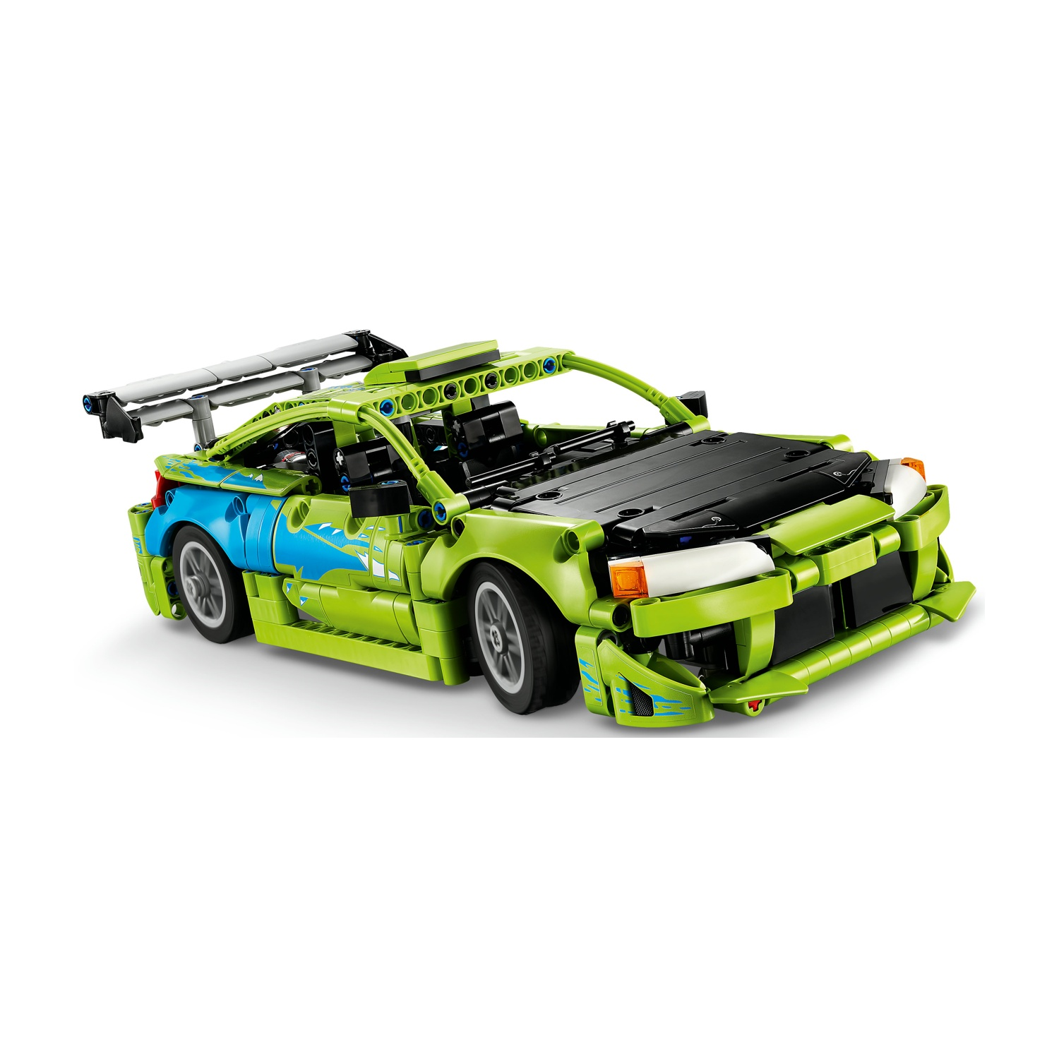 Una macchina da corsa LEGO Technic verde con decalcomanie blu e un grande spoiler posteriore.