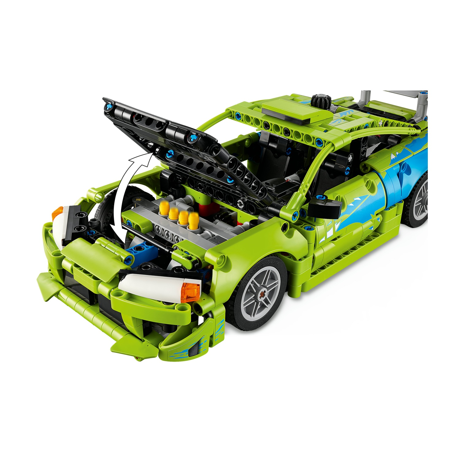 Auto Lego Technic verde con cofano aperto, che rivela dettagli motore.