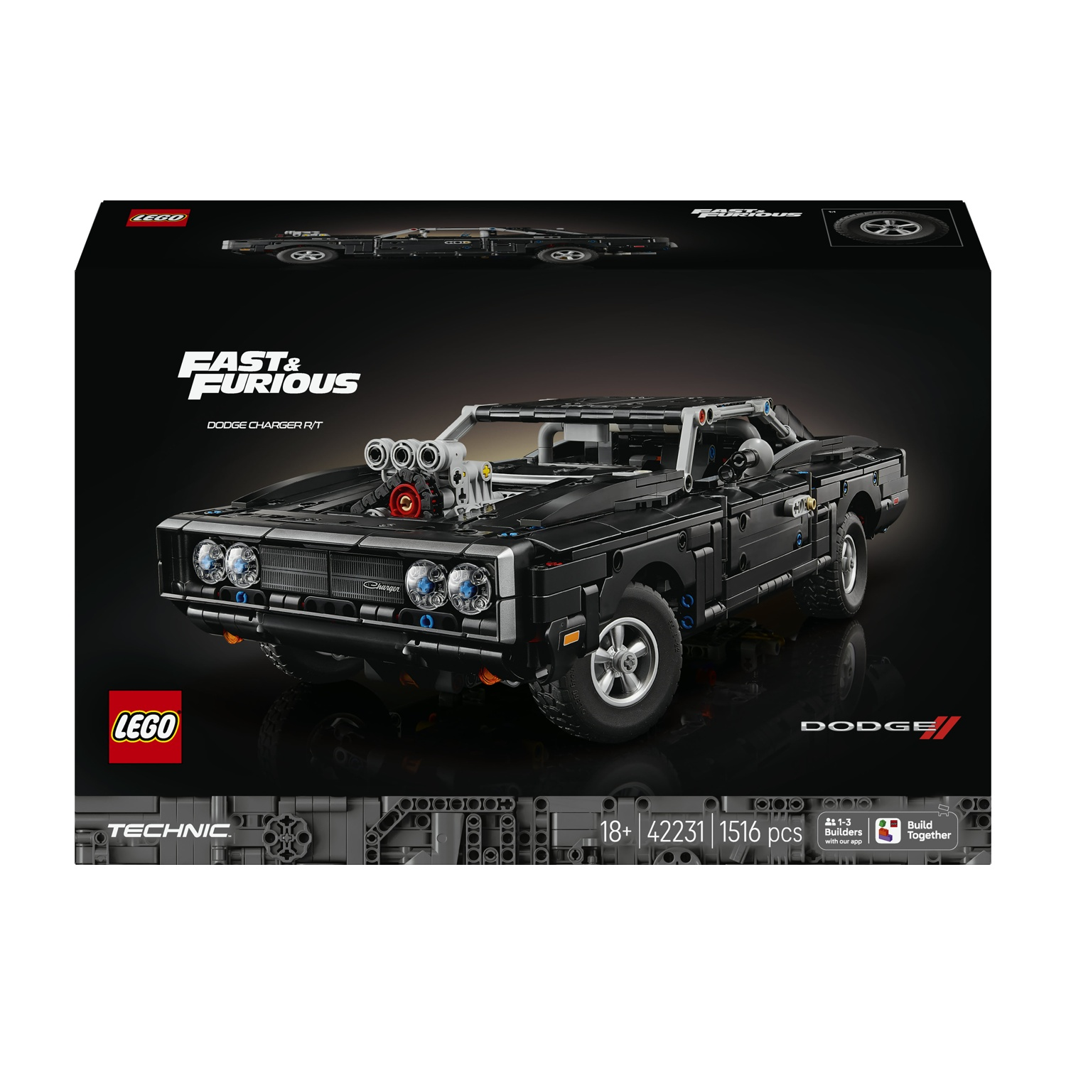 Set LEGO Technic Dodge Charger R/T Fast & Furious, auto nera con motore.
