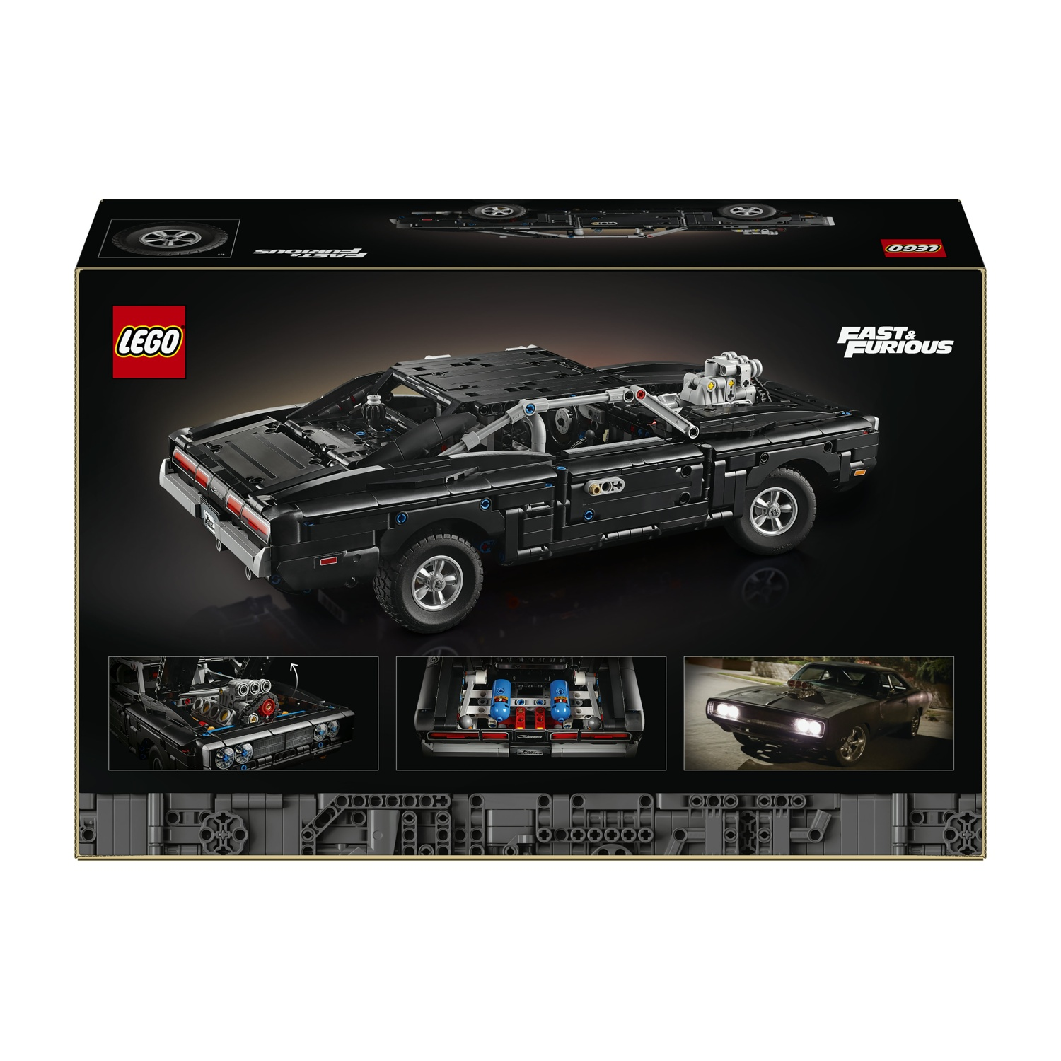 Dodge Charger LEGO nero con logo "Fast & Furious". Vista dettagliata del motore.