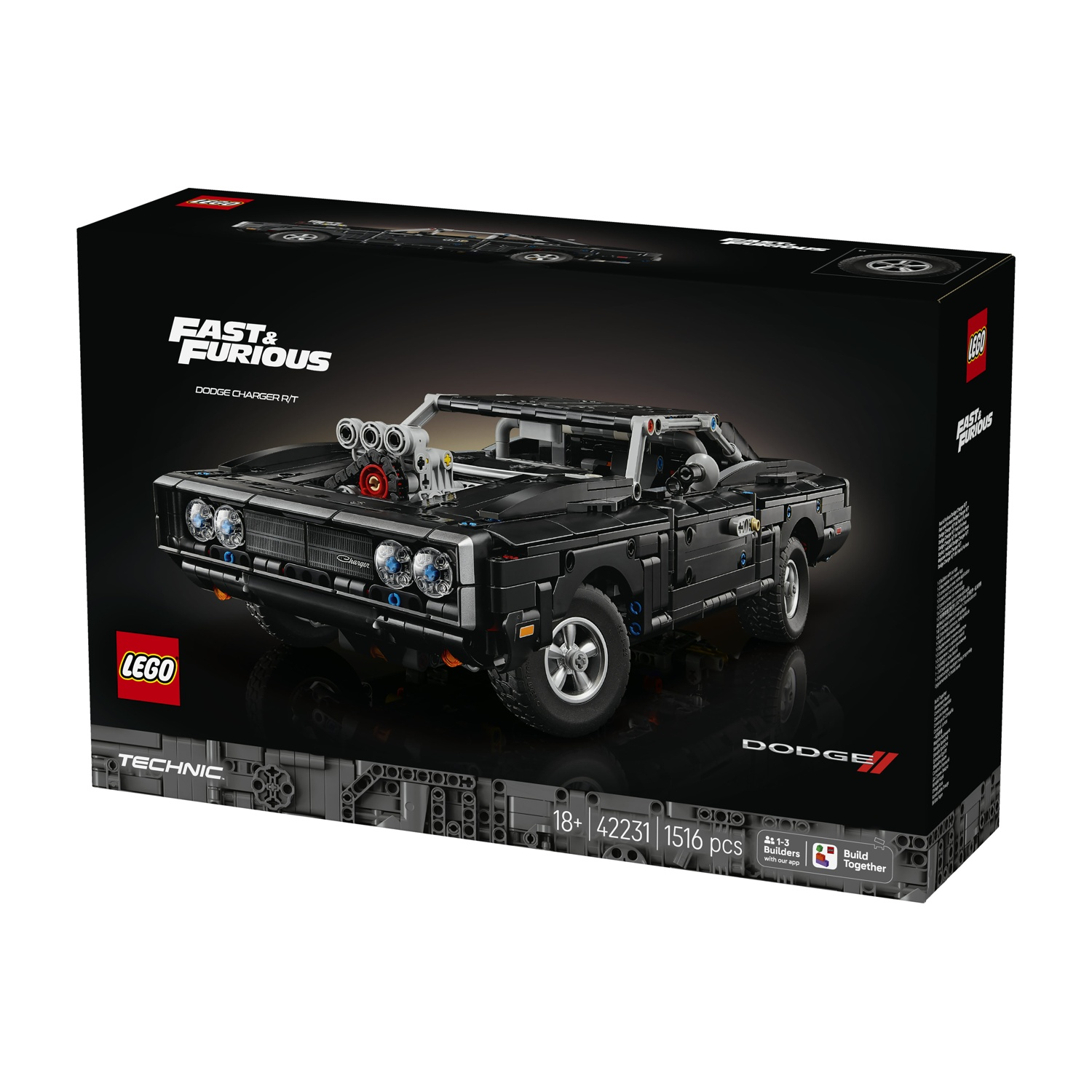 Scatola LEGO Technic Dodge Charger R/T, con l'auto come soggetto principale.