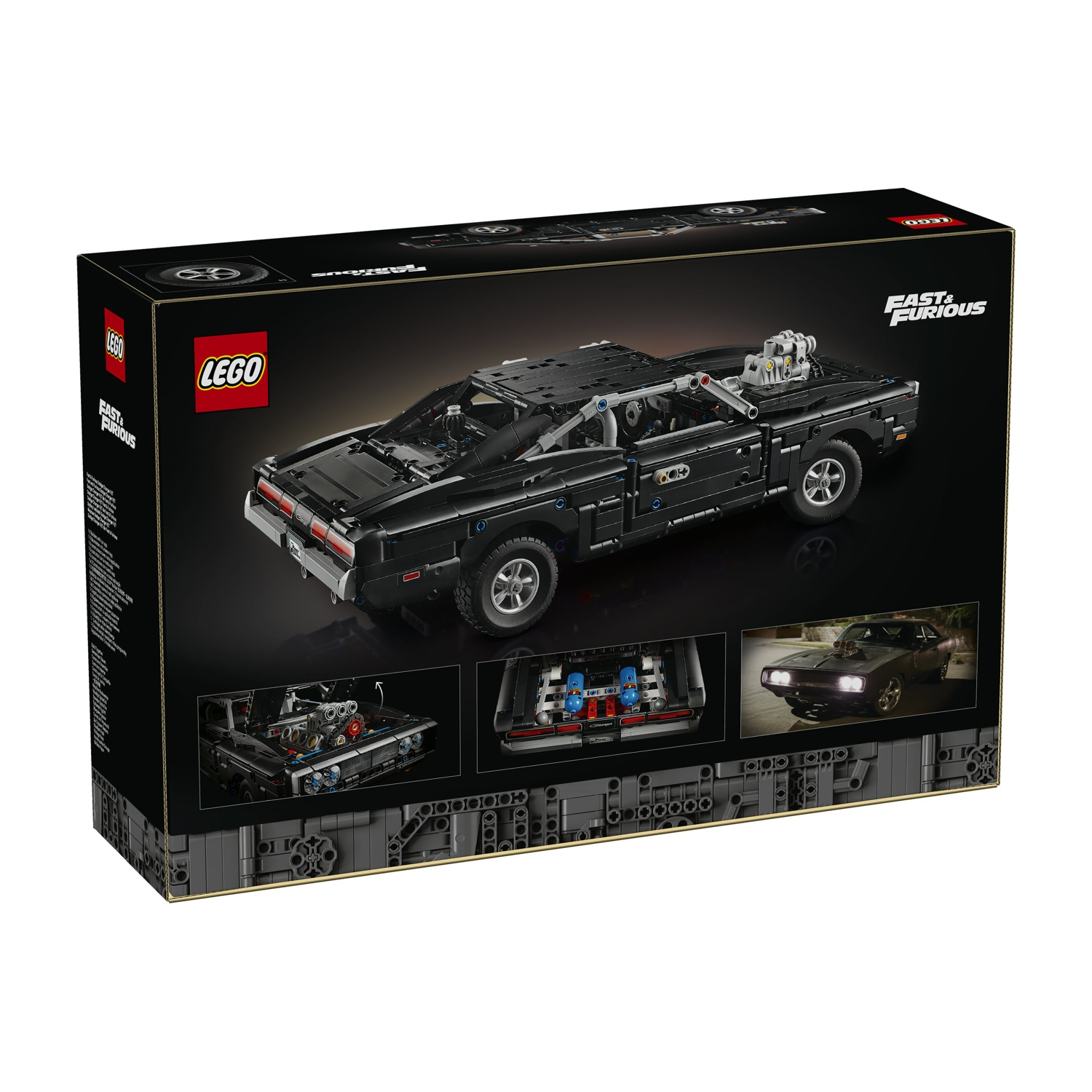 Confezione di un modello Lego nero della Dodge Charger di Fast & Furious.