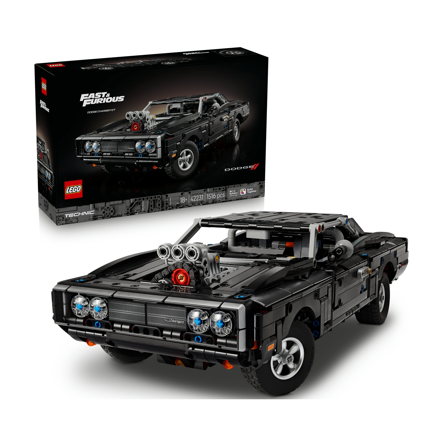 Un Lego Technic Dodge Charger R/T nero con motore e scatola.