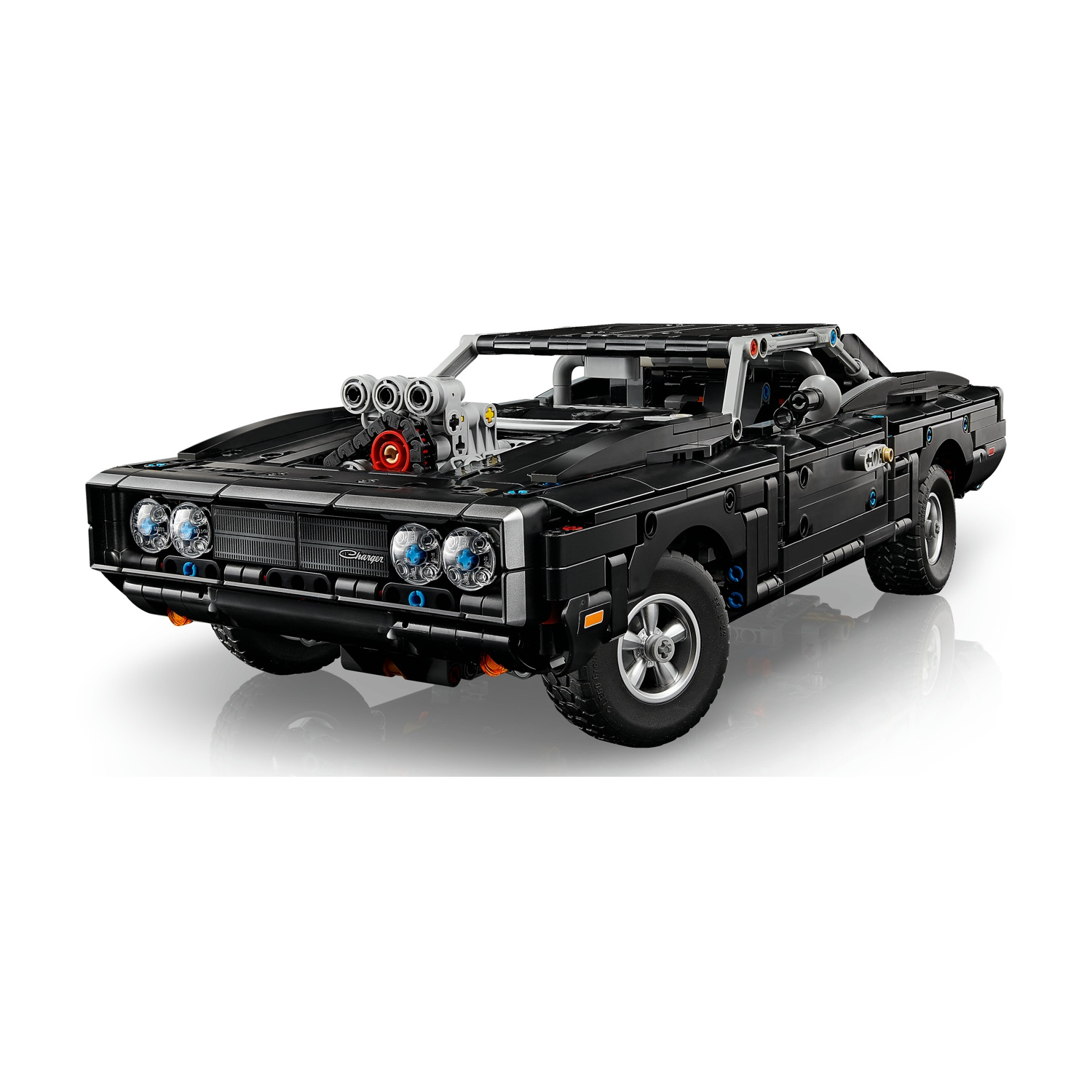 Dodge Charger Lego nero con compressore e interni dettagliati.