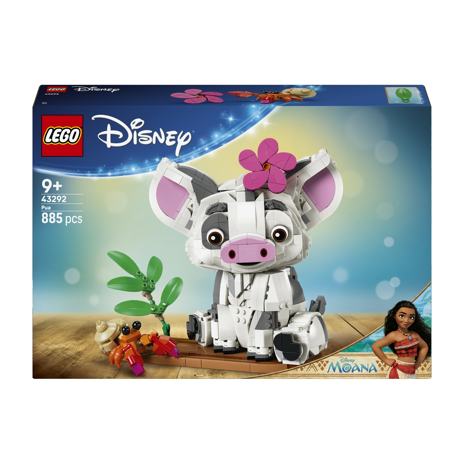 Scatola set Lego Disney Pua con Pua, Moana, granchio e pianta.
