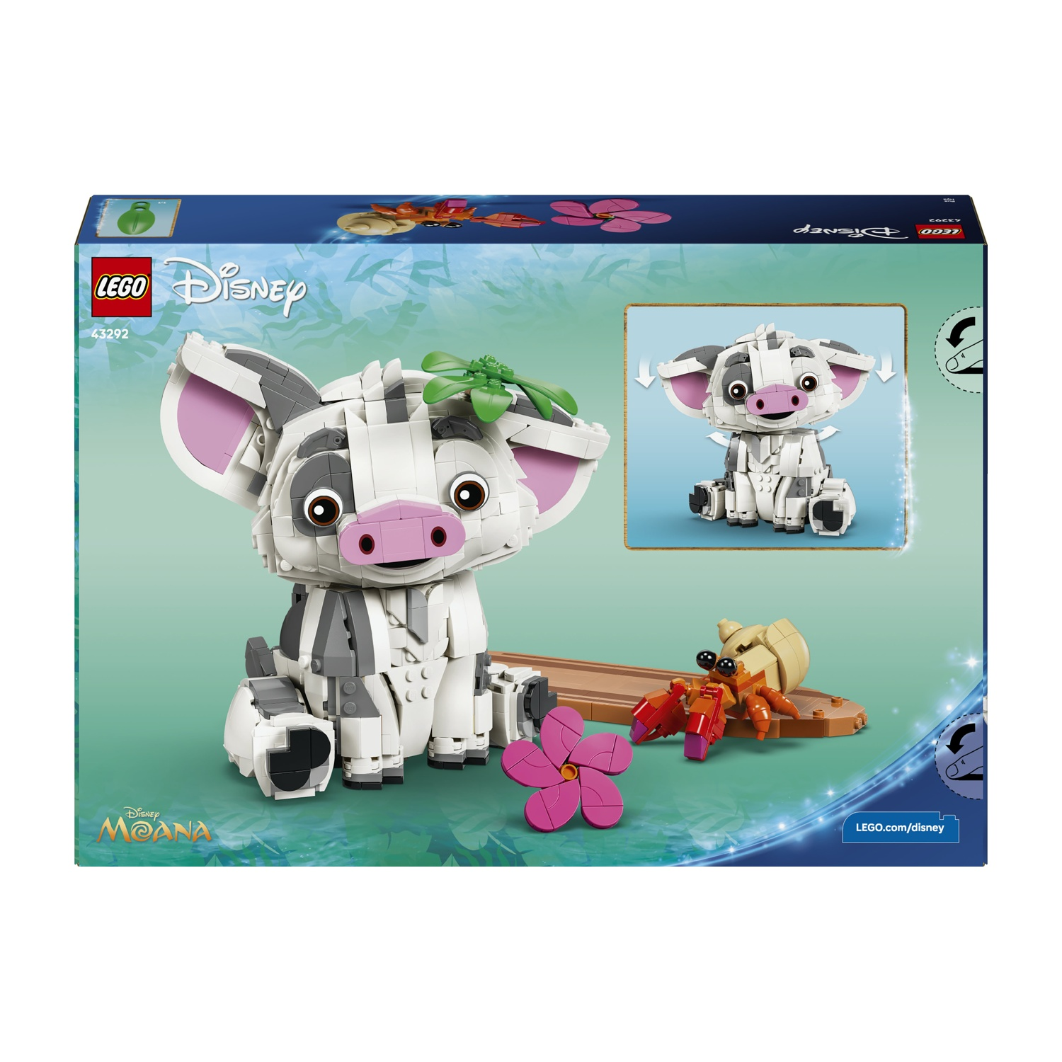 Maiale Pua LEGO Disney di Oceania con granchio e fiore su scatola.