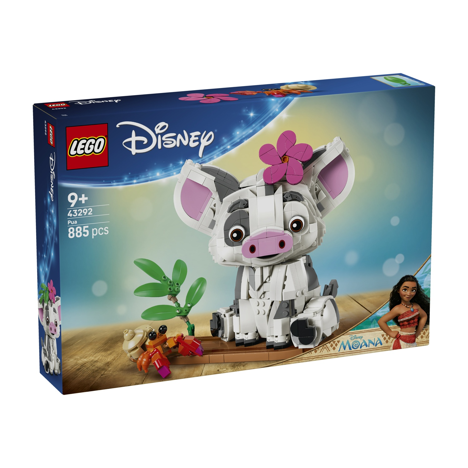 Scatola set LEGO Disney Pua mostra Pua, granchio, pianta e figura Moana su piattaforma legno.