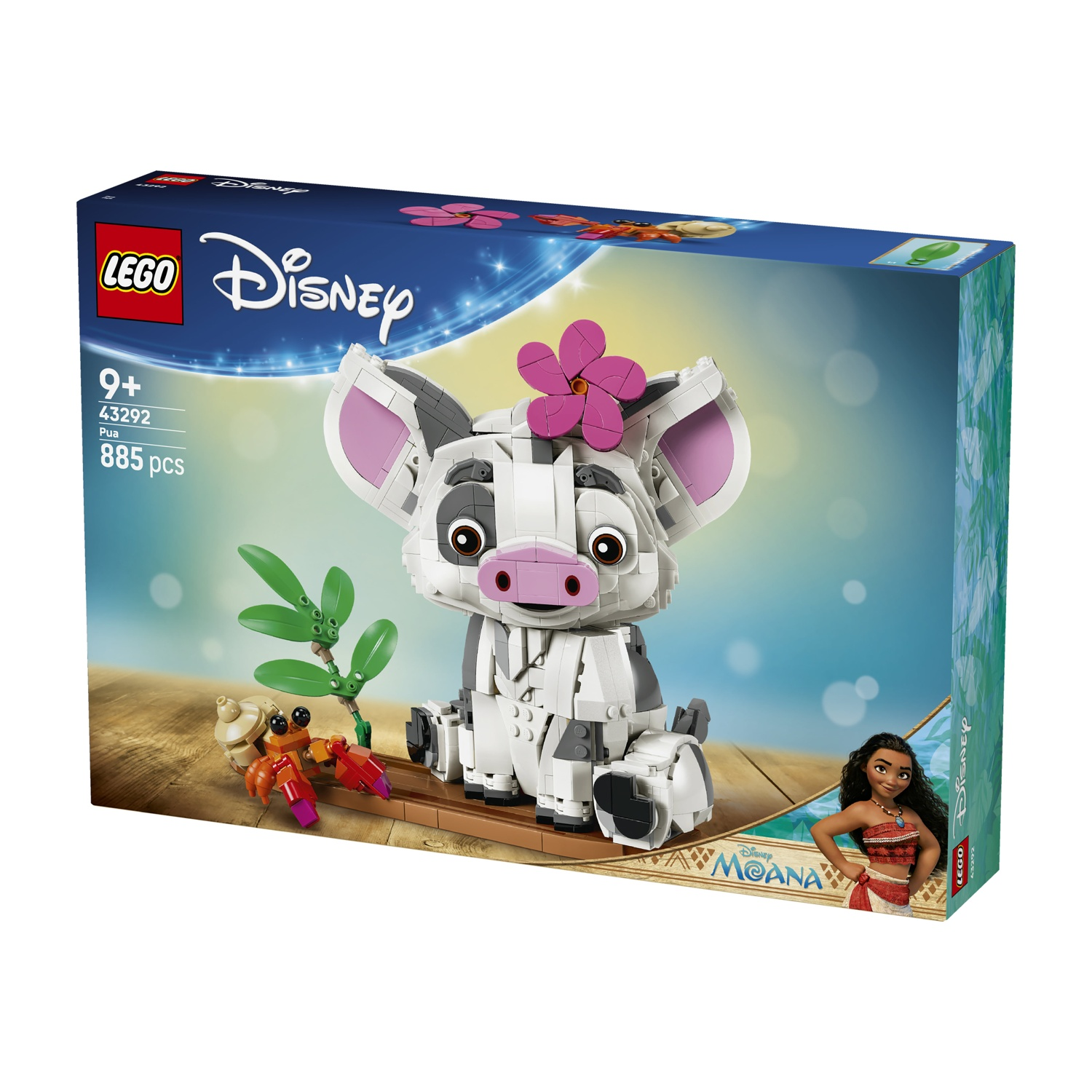 Scatola set Lego Disney Moana Pua con figura Pua, mini figura Moana, granchi, pianta, conchiglia.