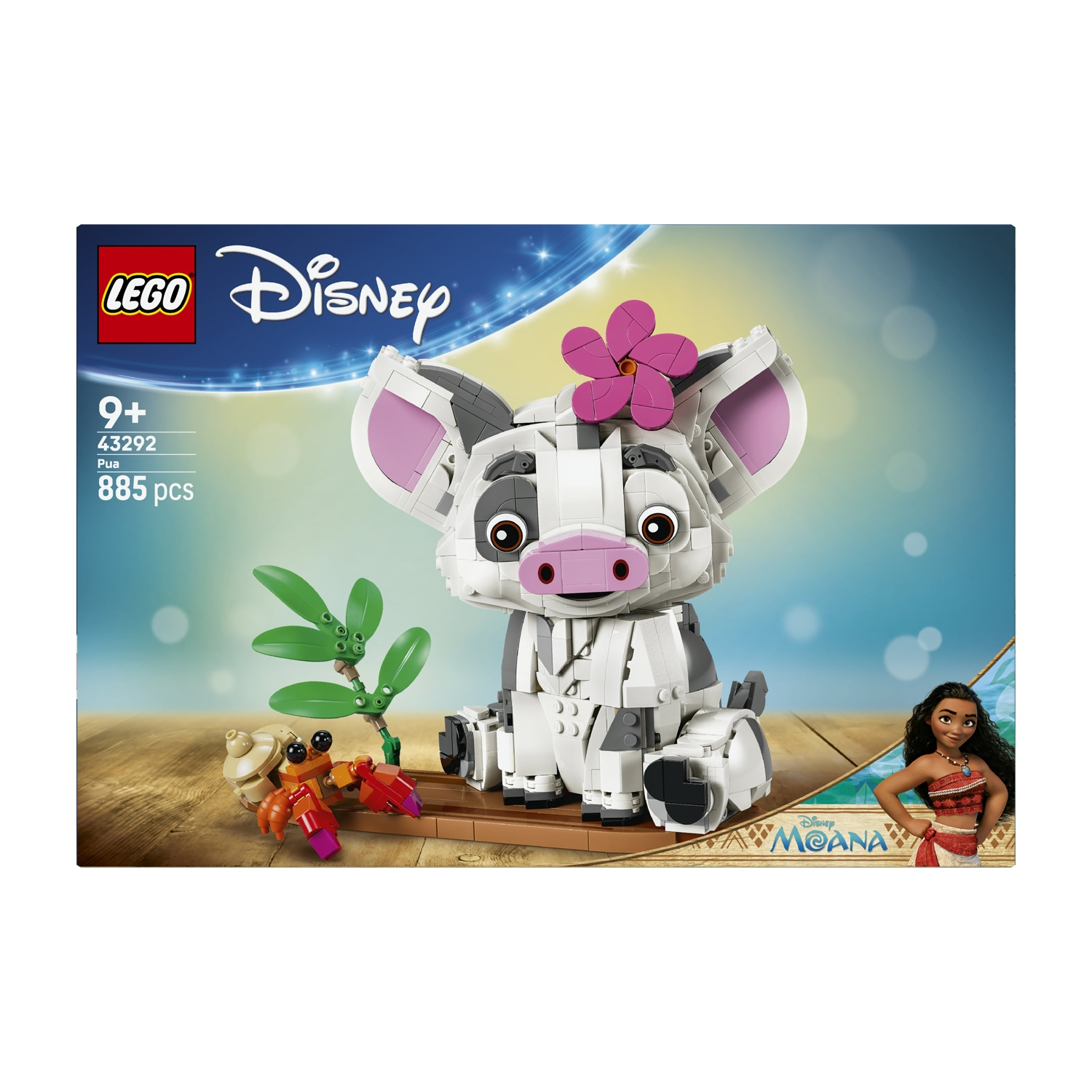 Set Lego Disney Pua con granchio e figura di Moana su assi legno.