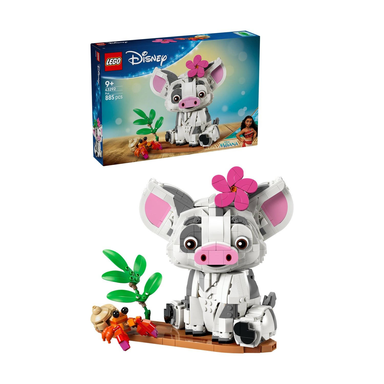 Figura Lego Pua con fiore, accanto un granchio e un ramo verde.