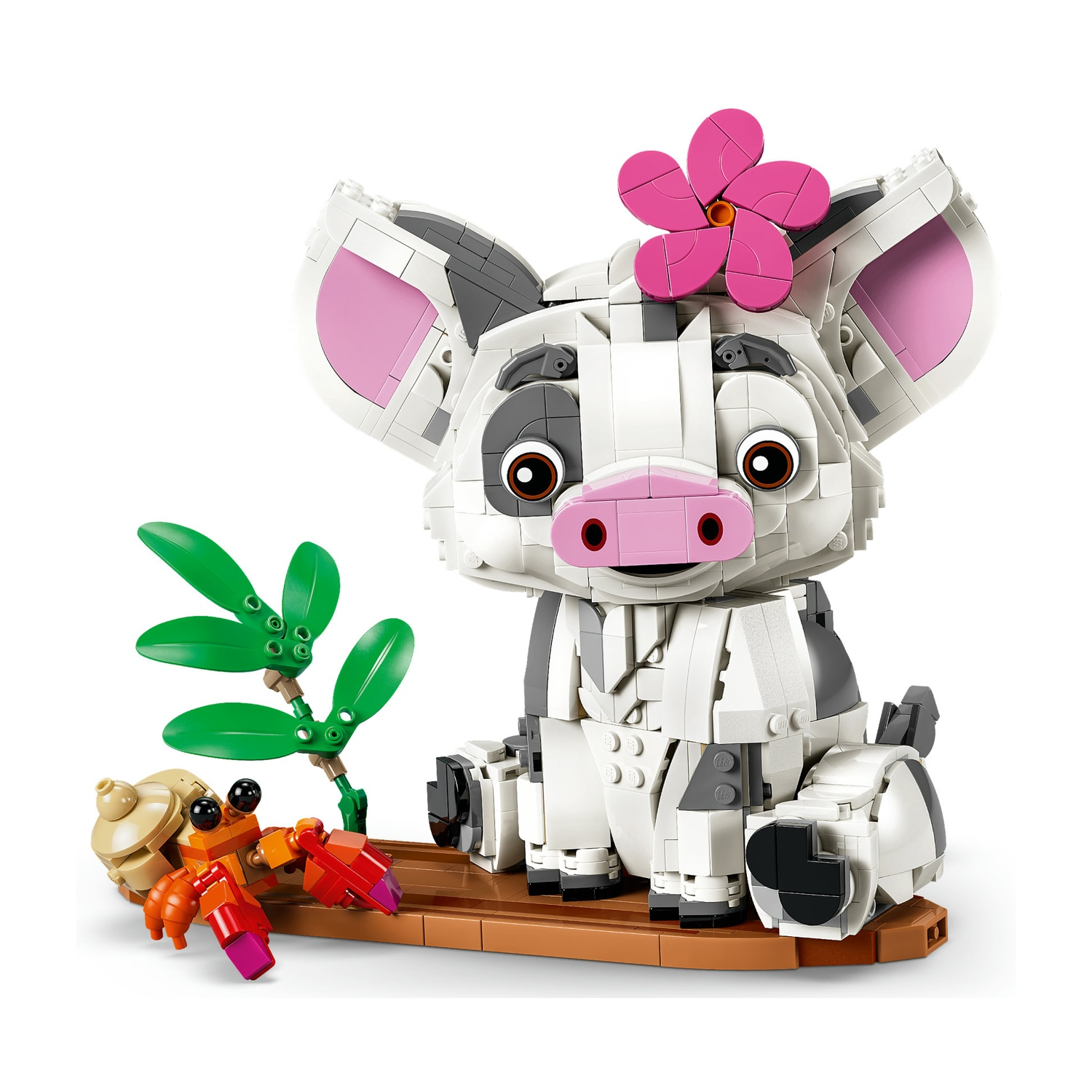 Modello Lego di un maiale bianco con fiore rosa e granchio.