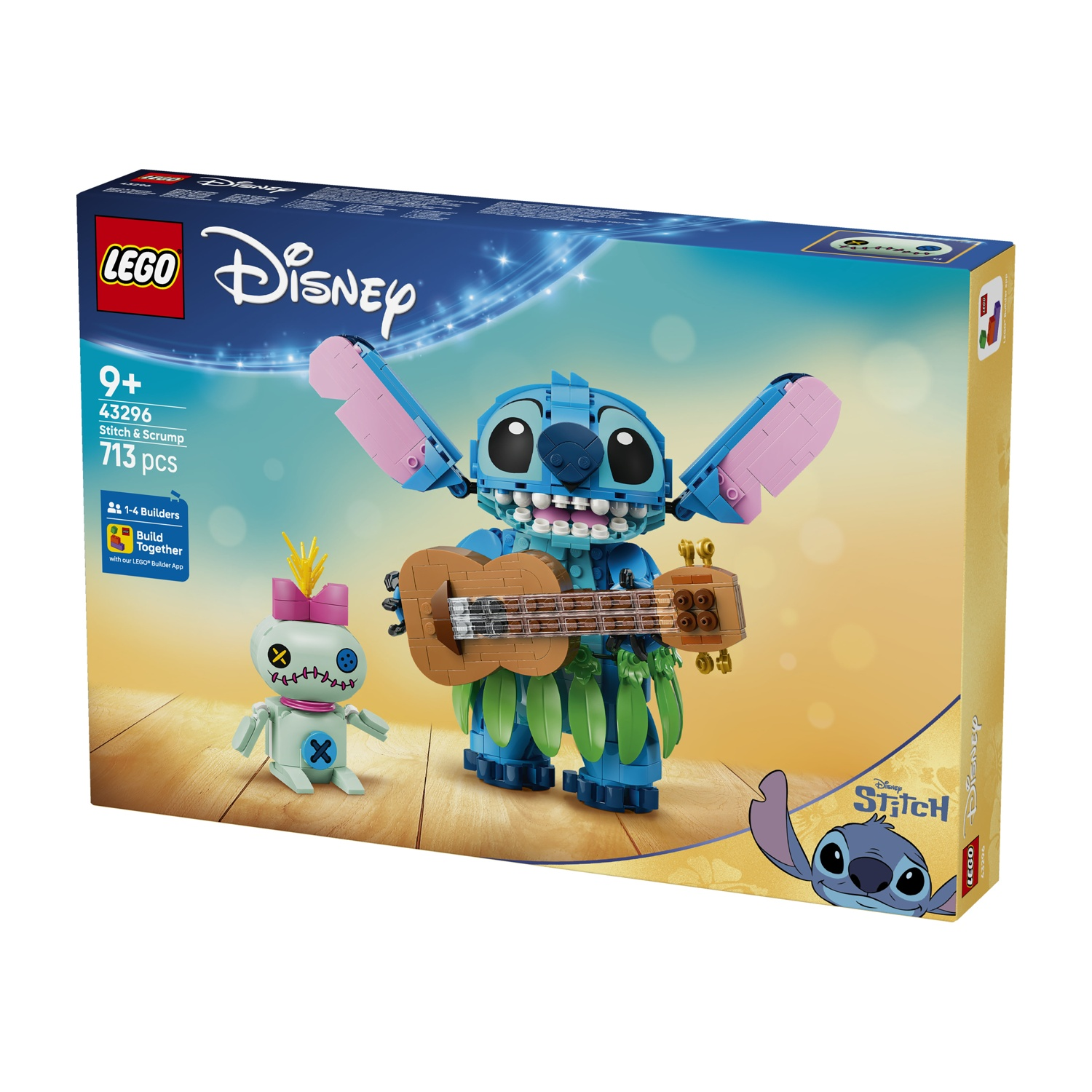 Set LEGO Stitch e Scrump con Stitch che suona la chitarra e Scrump su pavimento legno.