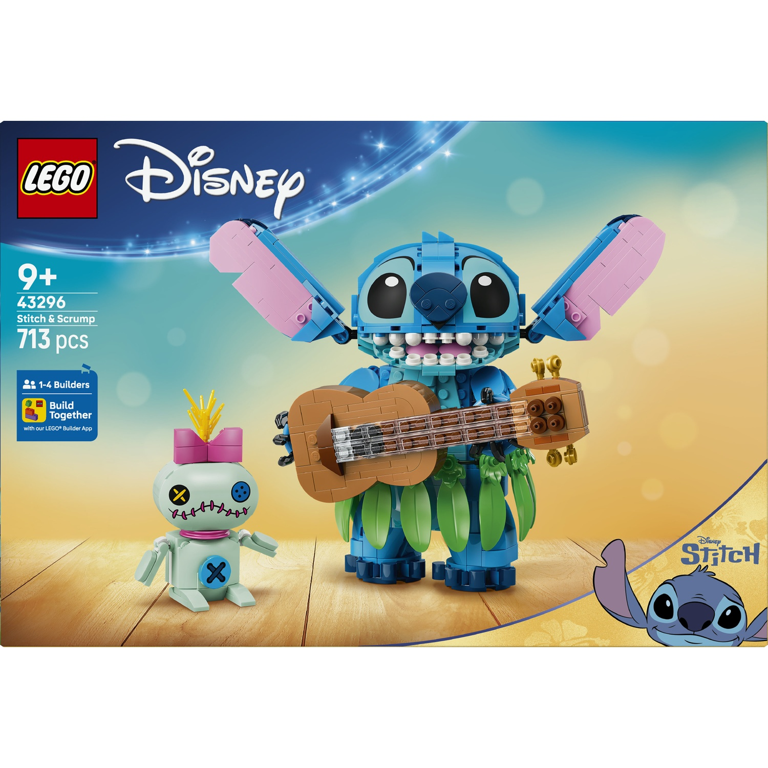 Set LEGO Stitch e Scrump con Stitch che suona l'ukulele e un piccolo Scrump verde chiaro.