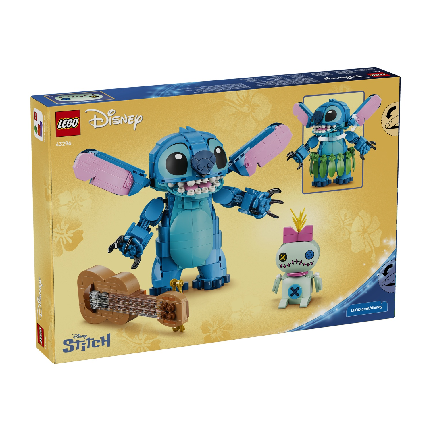 Set LEGO Disney Stitch con Stitch e Scrump su una scatola con ukulele.