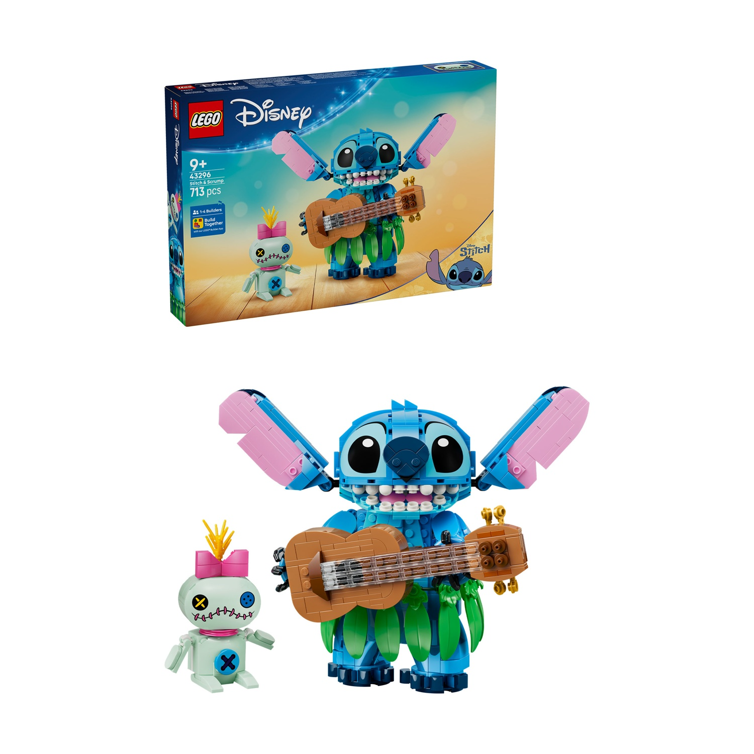 Lego Stitch blu con ukulele e Scrump accanto, con scatola Lego sopra.