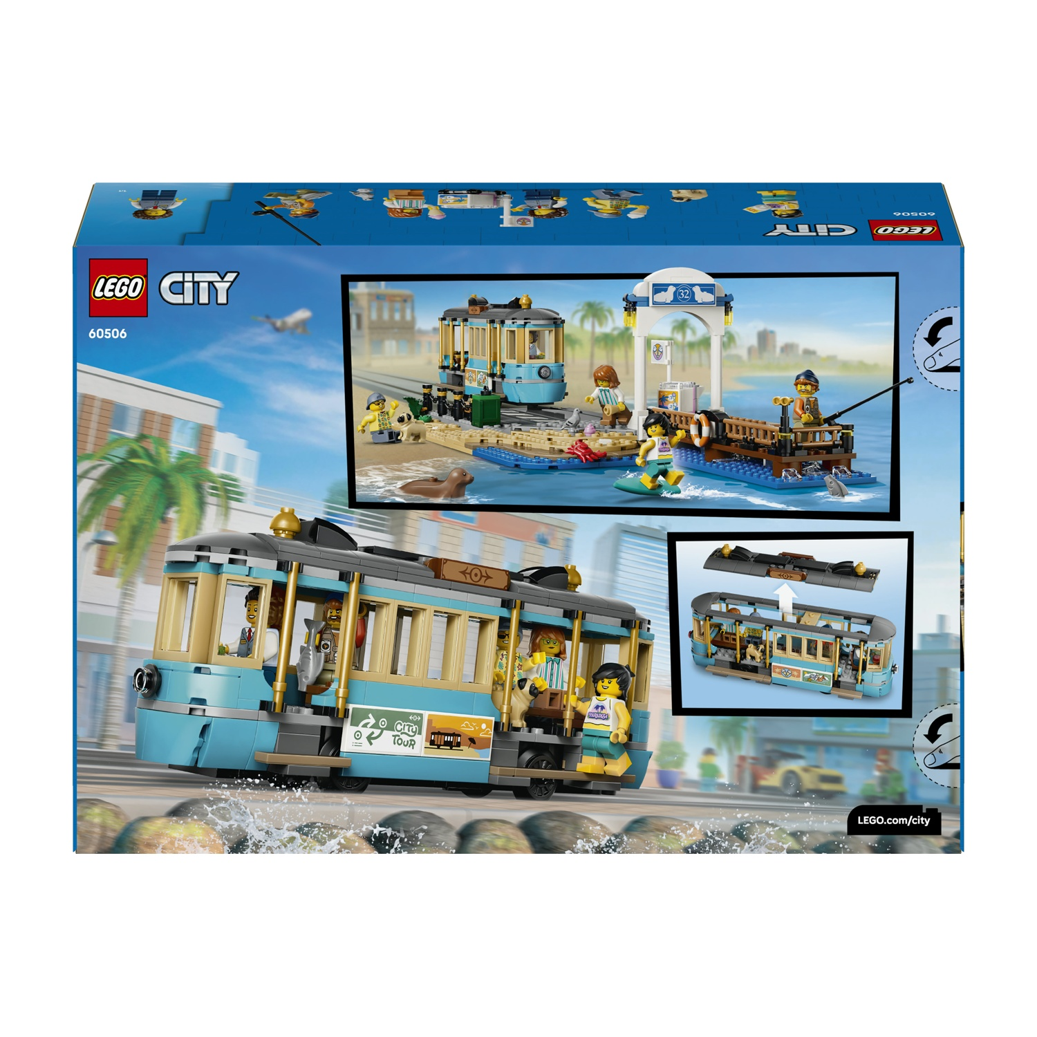 Un tram Lego turchese guida sull'acqua. Sopra c'è una scena con un molo.