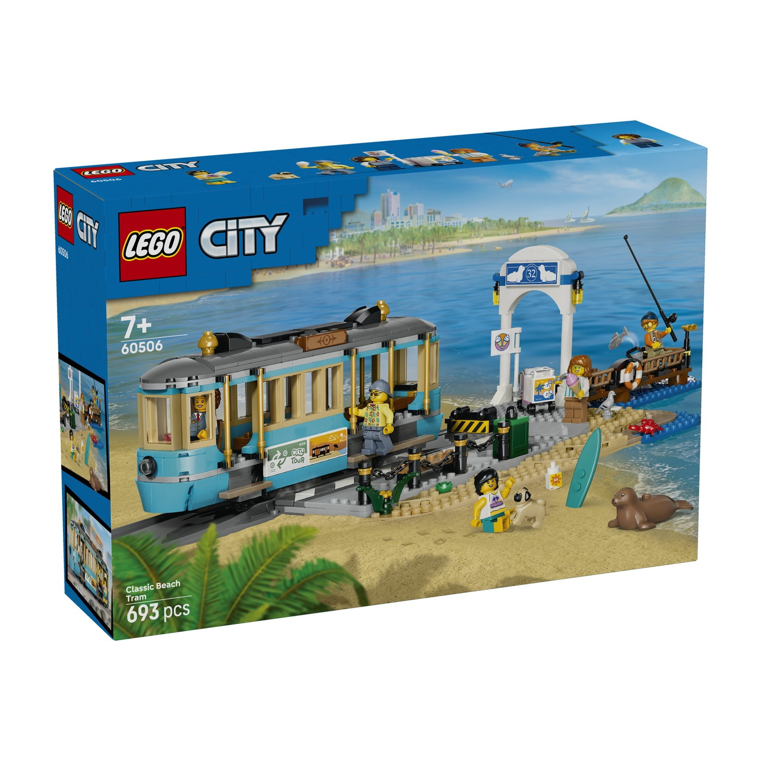 Gioco Lego Classic Beach Tram con treno, personaggi e scena di spiaggia sul mare.