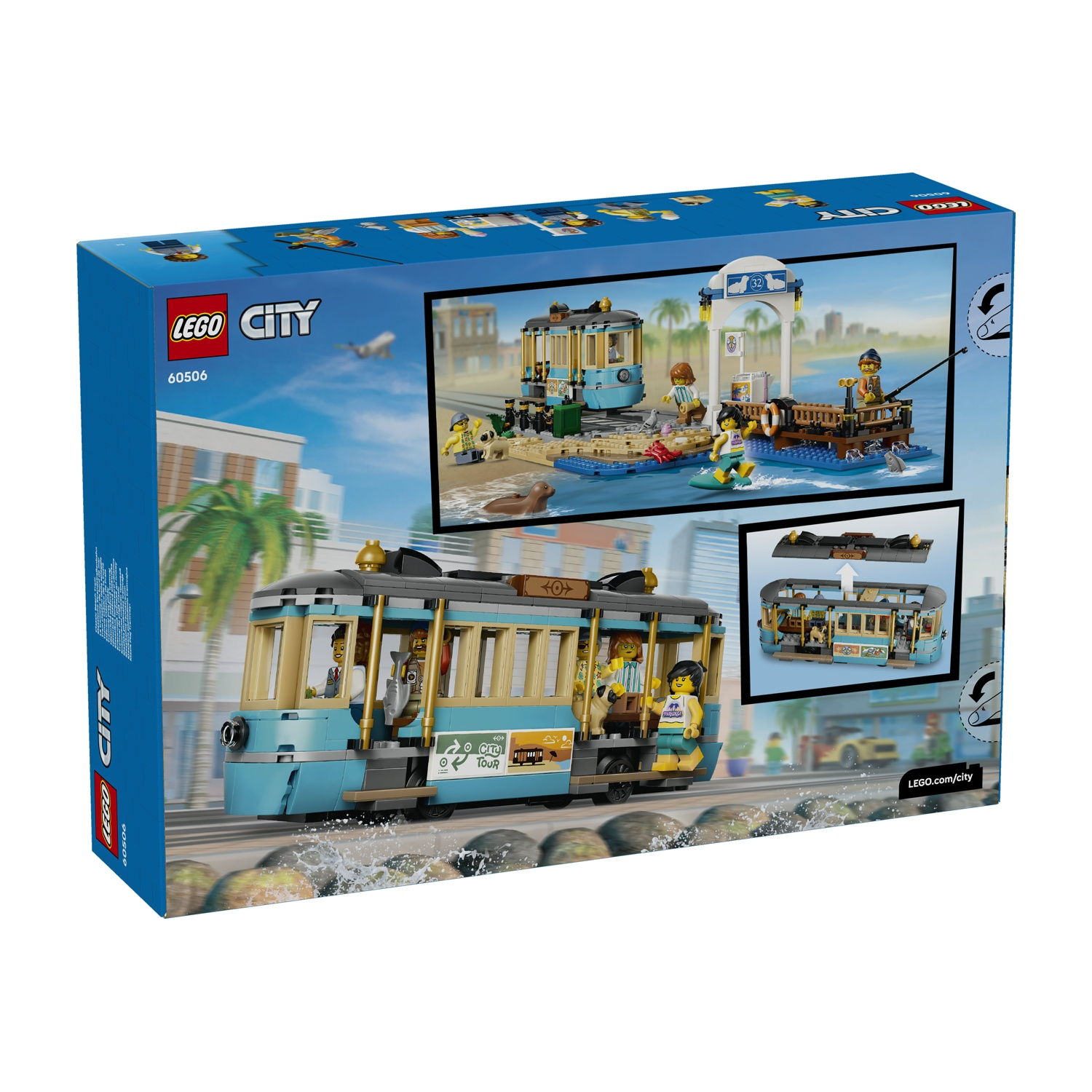 Scatola Lego City con tram blu, persone, molo con pescatore e scena da spiaggia.