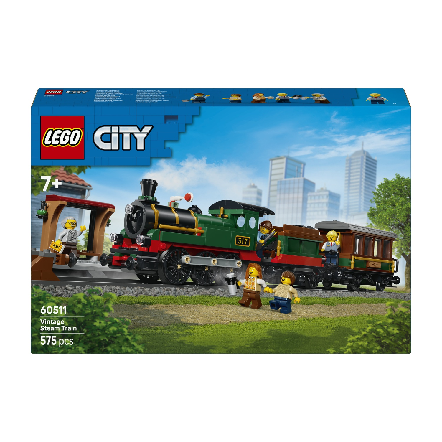 Set treno a vapore Lego City con figure e sfondo cittadino.