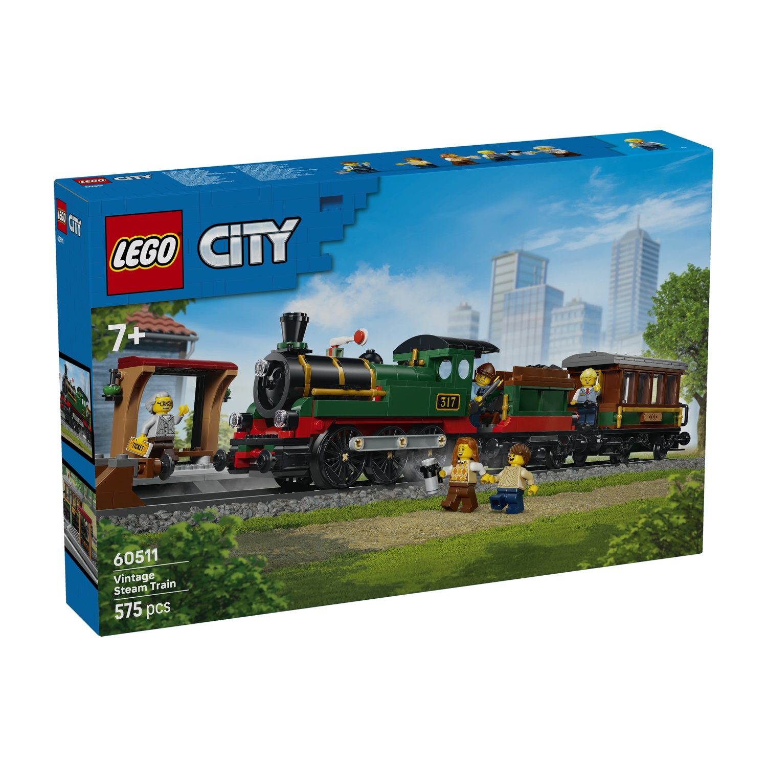 Scatola Lego City Treno a Vapore Vintage con treno, figure, stazione e skyline.