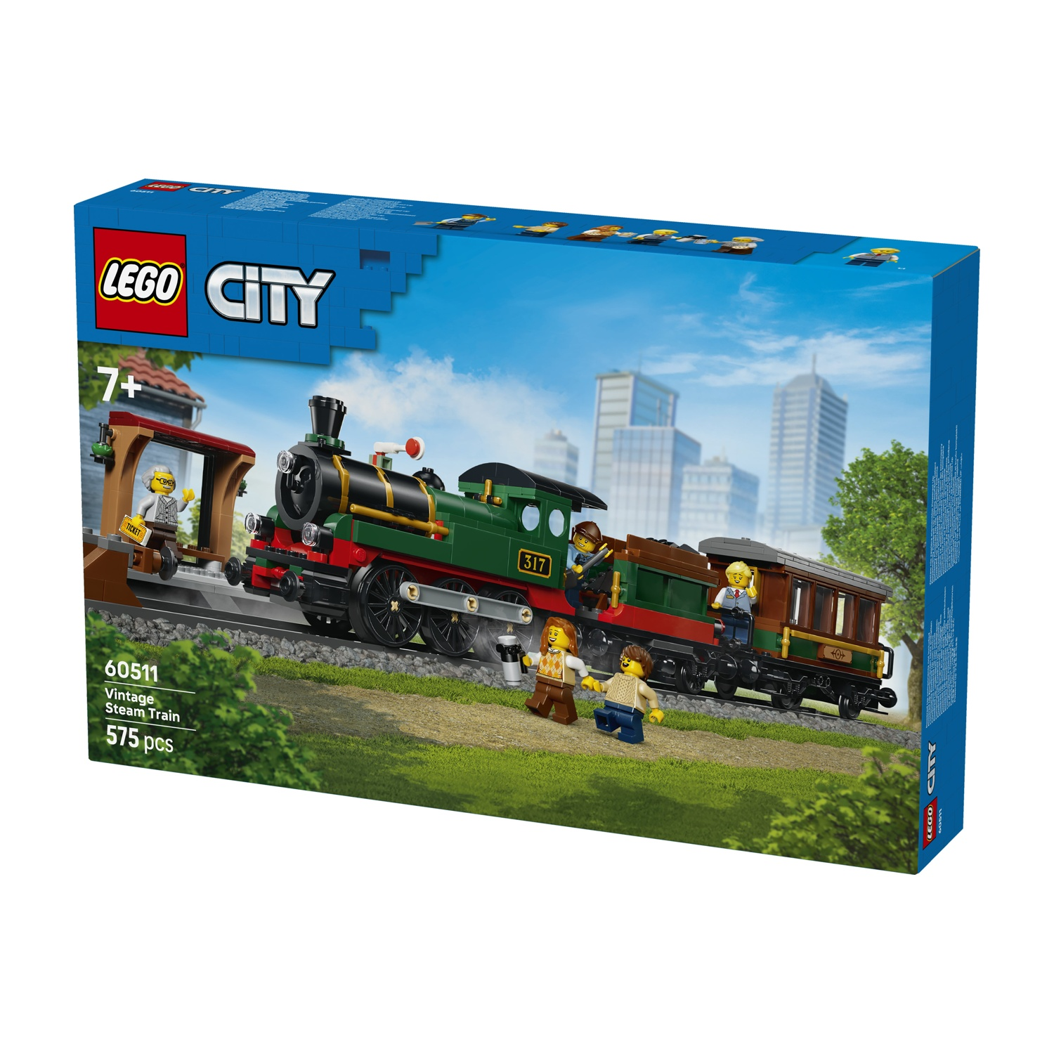 Un set Lego City con un treno a vapore verde, una carrozza e figure in una stazione.