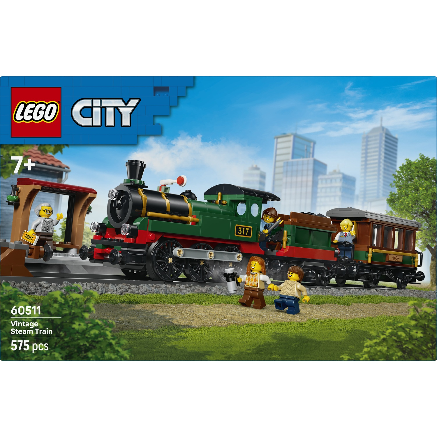 Treno a vapore Lego verde con passeggeri e figure, di fronte allo skyline.