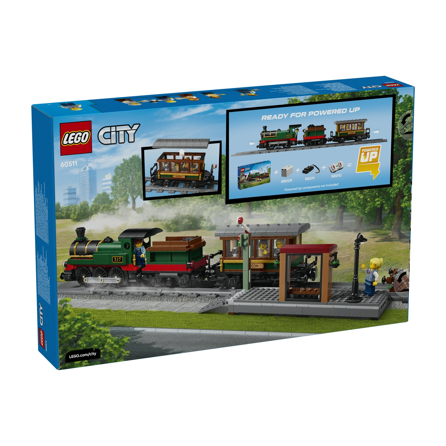 Set treno Lego City con locomotiva a vapore verde, carrozza e piattaforma.